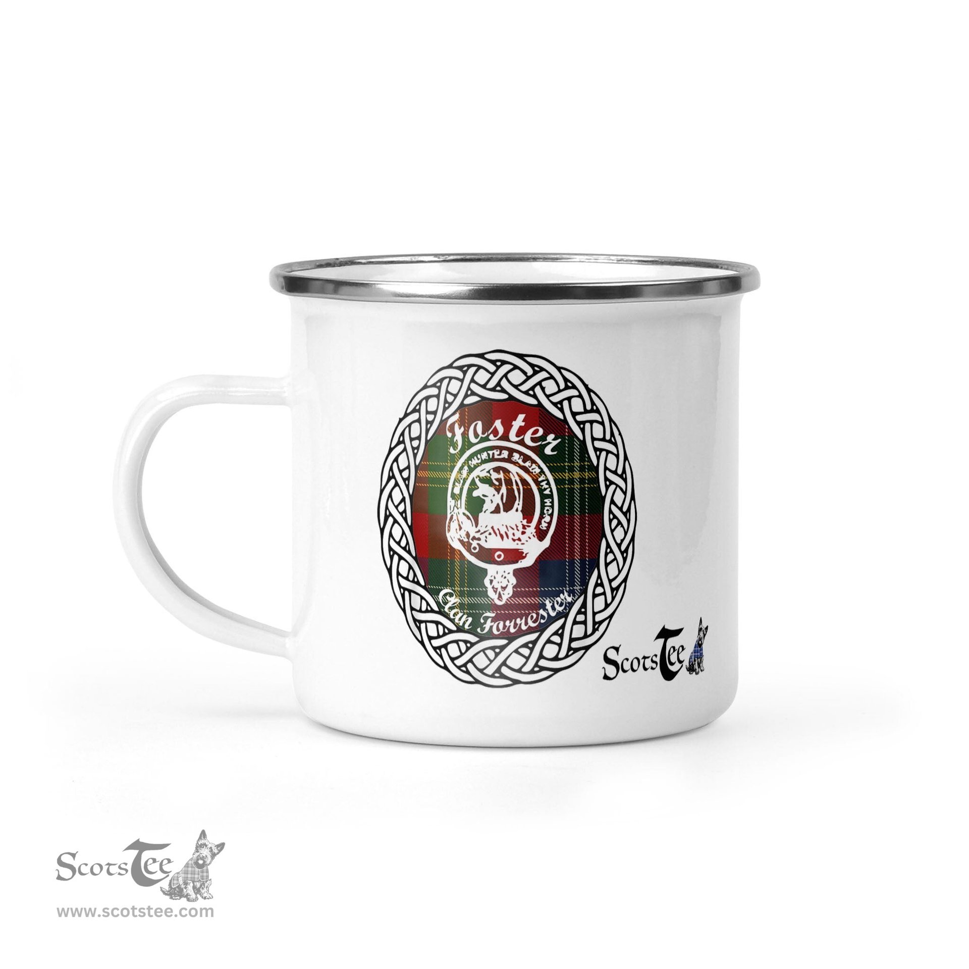 Scotstee Shop Tartan Plaid Camping Mug, Tartan Campfire Mugs, camping coffee mug Foster Scottish Clan Tartan Crest Badge