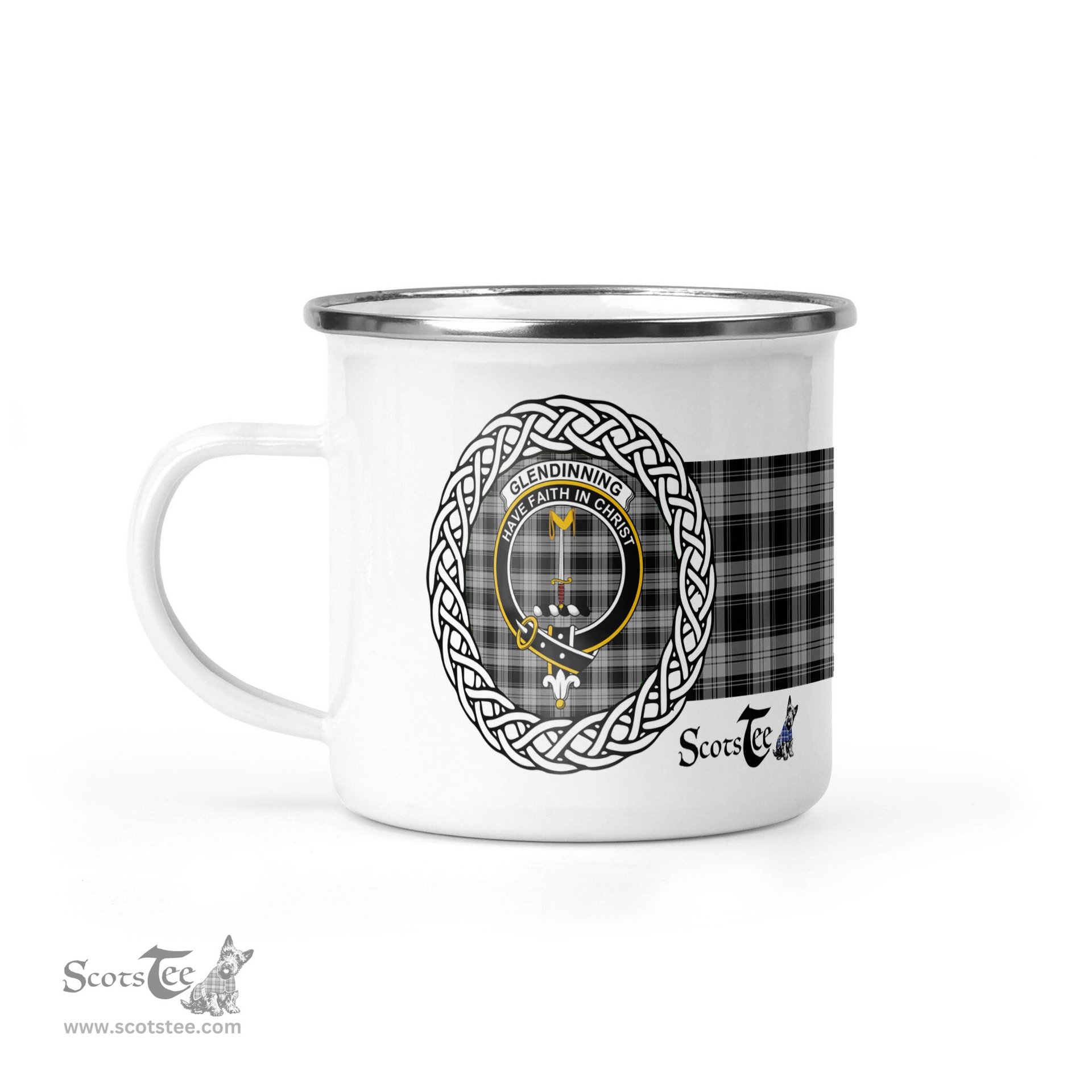 Scotstee Shop Tartan Plaid Camping Mug, Tartan Campfire Mugs, camping coffee mug Glendinning Scottish Clan Tartan Crest Badge Coffee Mug Custom Scottish Mug - Scotstee Shop Tartan Plaid Camping Mug, Tartan Campfire Mugs, camping coffee mug