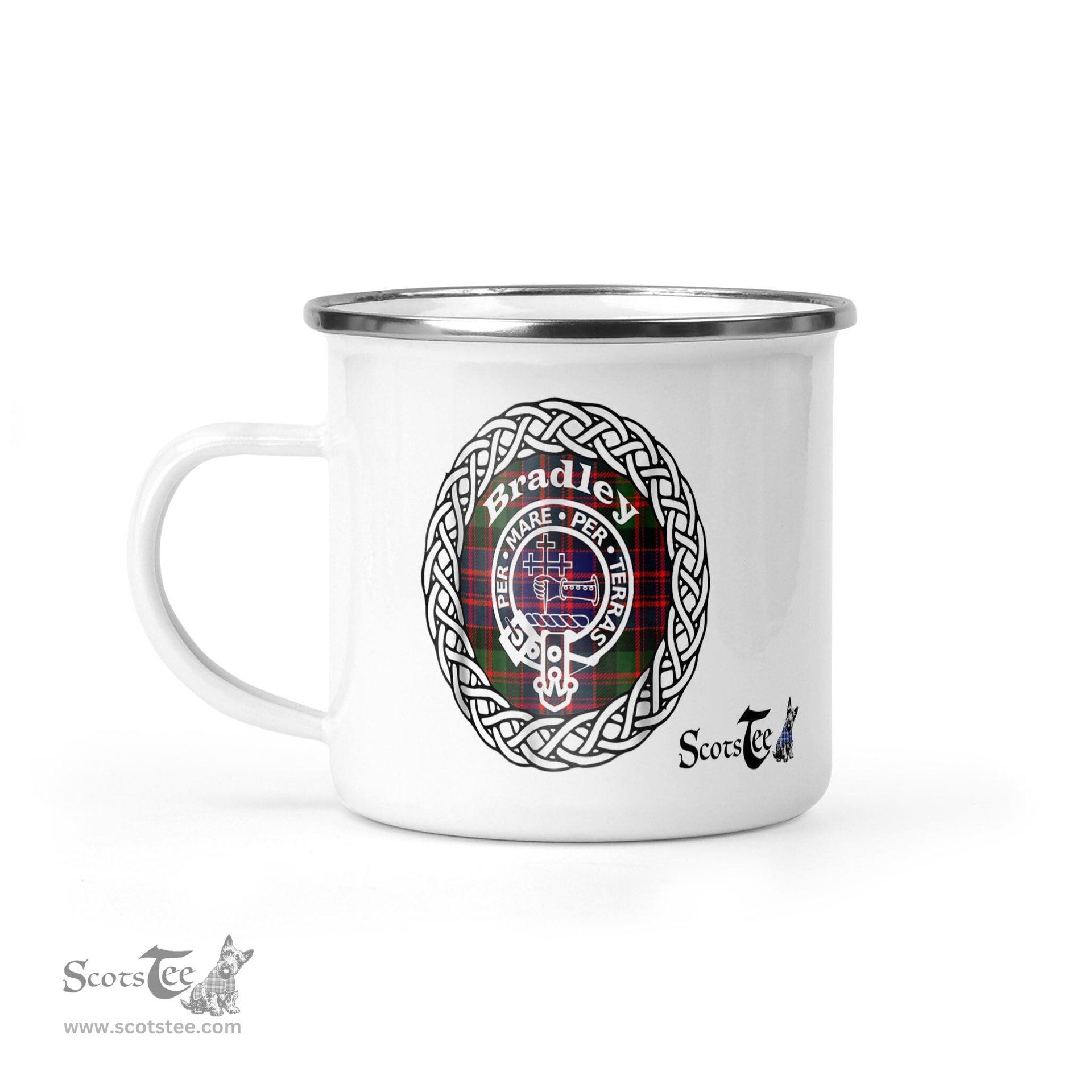 Scotstee Shop Tartan Plaid Camping Mug, Tartan Campfire Mugs, camping coffee mug Bradley Scottish Clan Tartan Crest Badge