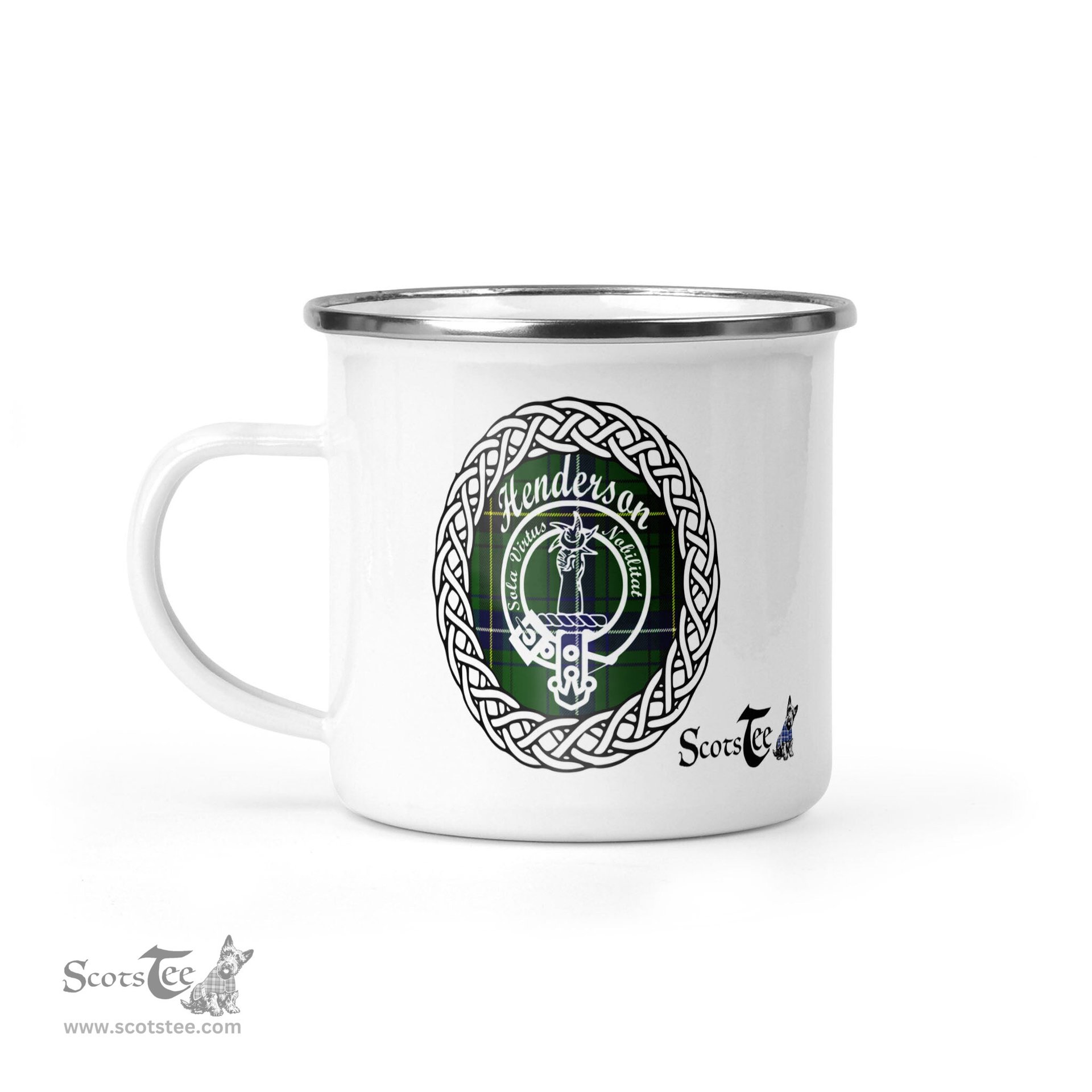 Scotstee Shop Tartan Plaid Camping Mug, Tartan Campfire Mugs, camping coffee mug Henderson Clan Tartan Crest Badge
