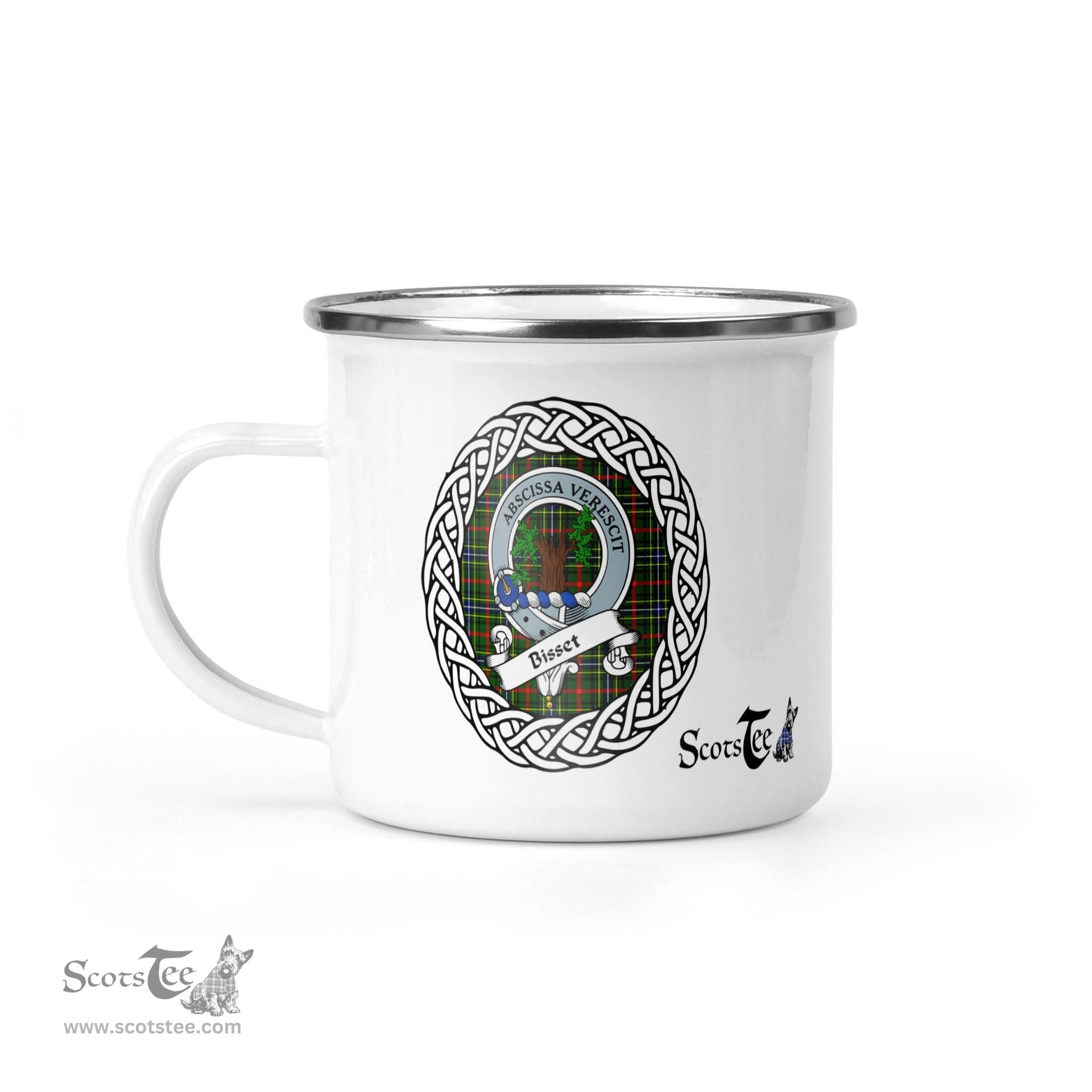 Scotstee Shop Tartan Plaid Camping Mug, Tartan Campfire Mugs, camping coffee mug Bisset Scottish Clan Tartan Crest Badge