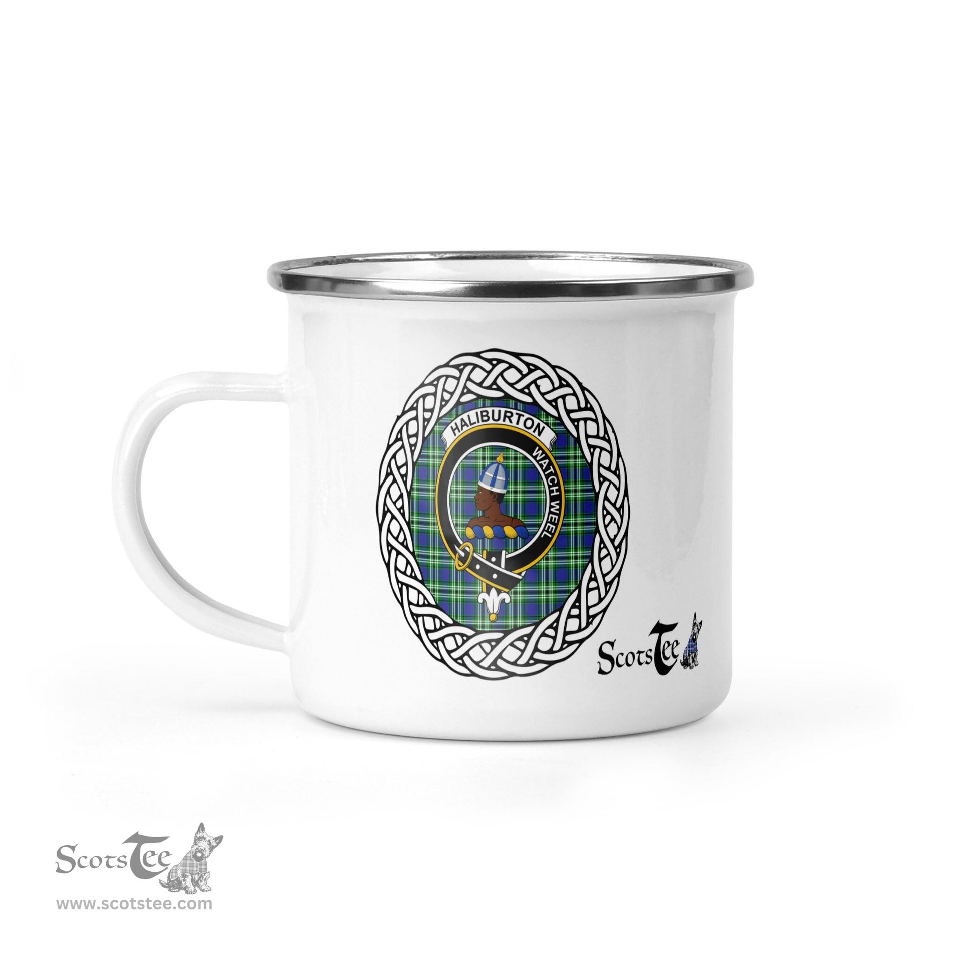 Scotstee Shop Tartan Plaid Camping Mug, Tartan Campfire Mugs, camping coffee mug Haliburton Scottish Clan Tartan Crest Badge