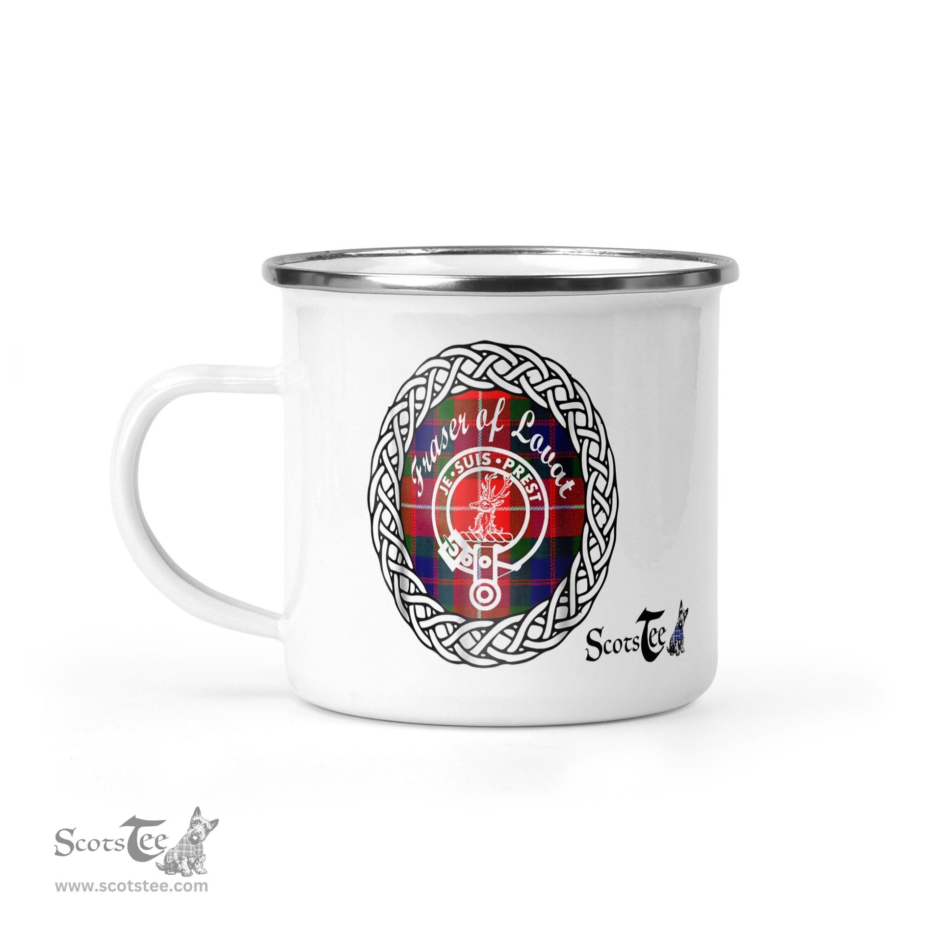 Scotstee Shop Tartan Plaid Camping Mug, Tartan Campfire Mugs, camping coffee mug Fraser Of Lovat Clan Tartan Crest Badge