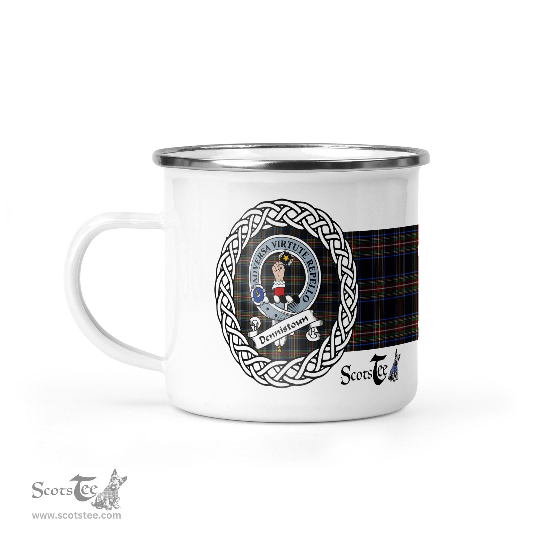 Scotstee Shop Tartan Plaid Camping Mug, Tartan Campfire Mugs, camping coffee mug Dennistoun Scottish Clan Tartan Crest Badge Coffee Mug Custom Scottish Mug