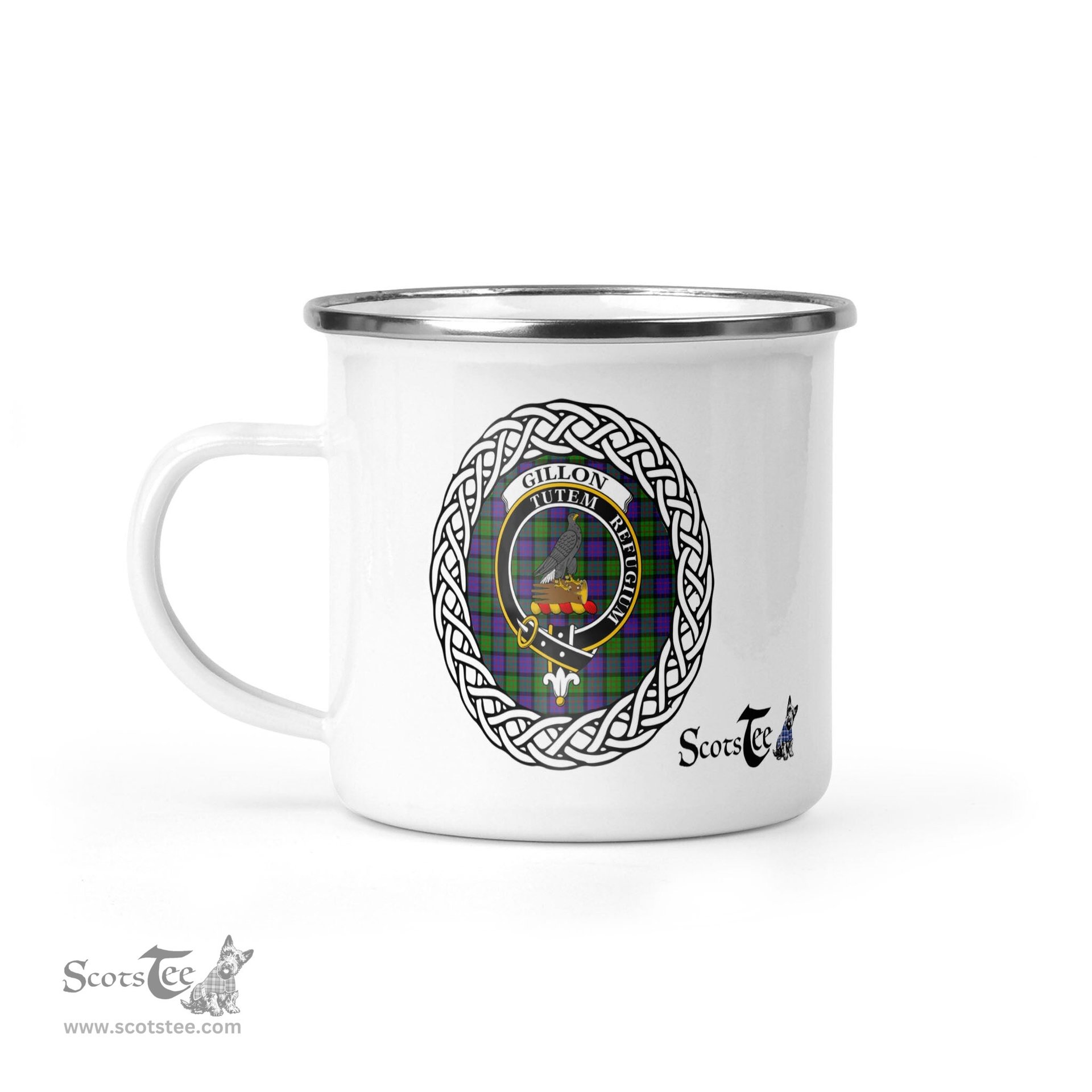 Scotstee Shop Tartan Plaid Camping Mug, Tartan Campfire Mugs, camping coffee mug Gillon Scottish Clan Tartan Crest Badge