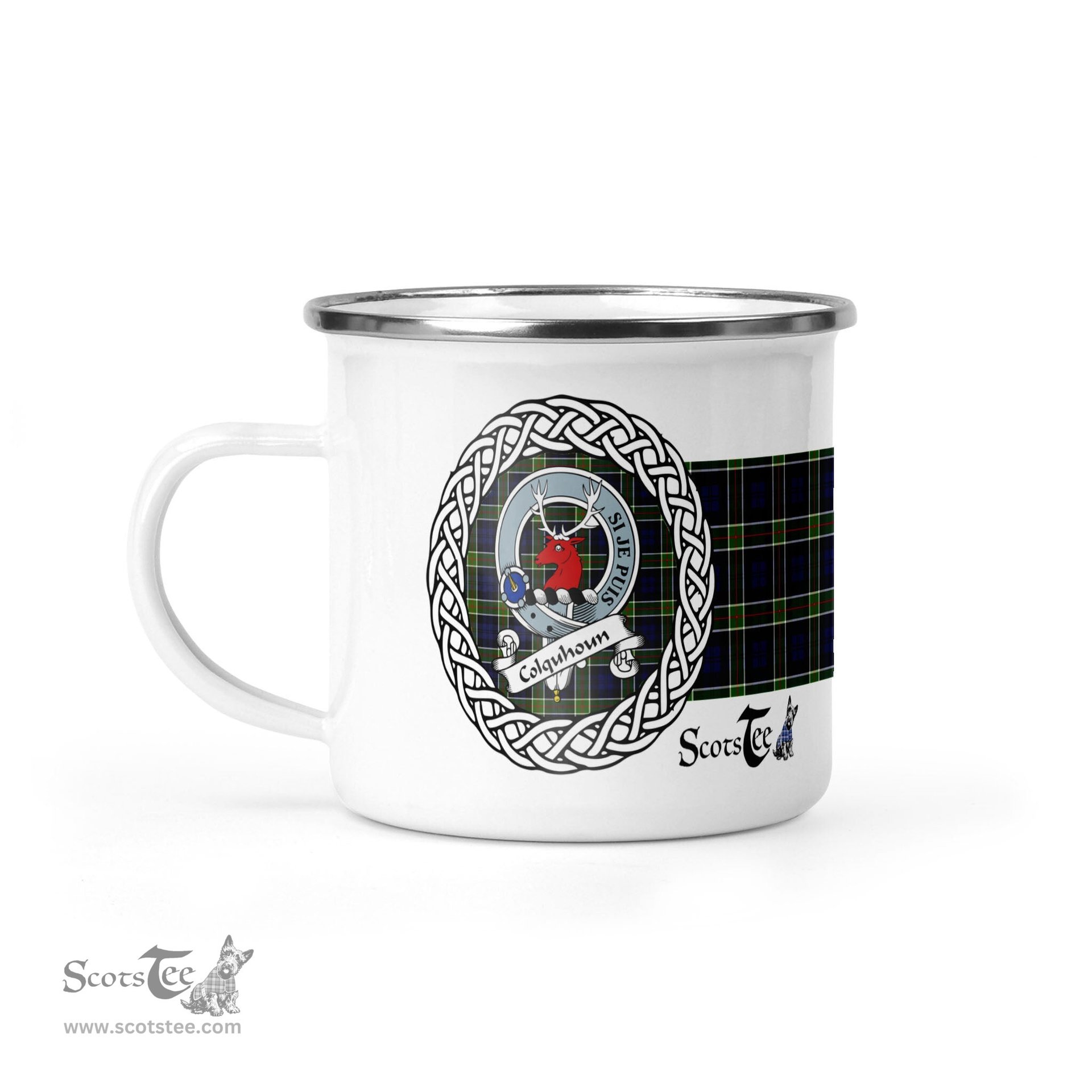 Scotstee Shop Tartan Plaid Camping Mug, Tartan Campfire Mugs, camping coffee mug Colquhoun Scottish Clan Tartan Crest Badge Coffee Mug Custom Scottish Mug