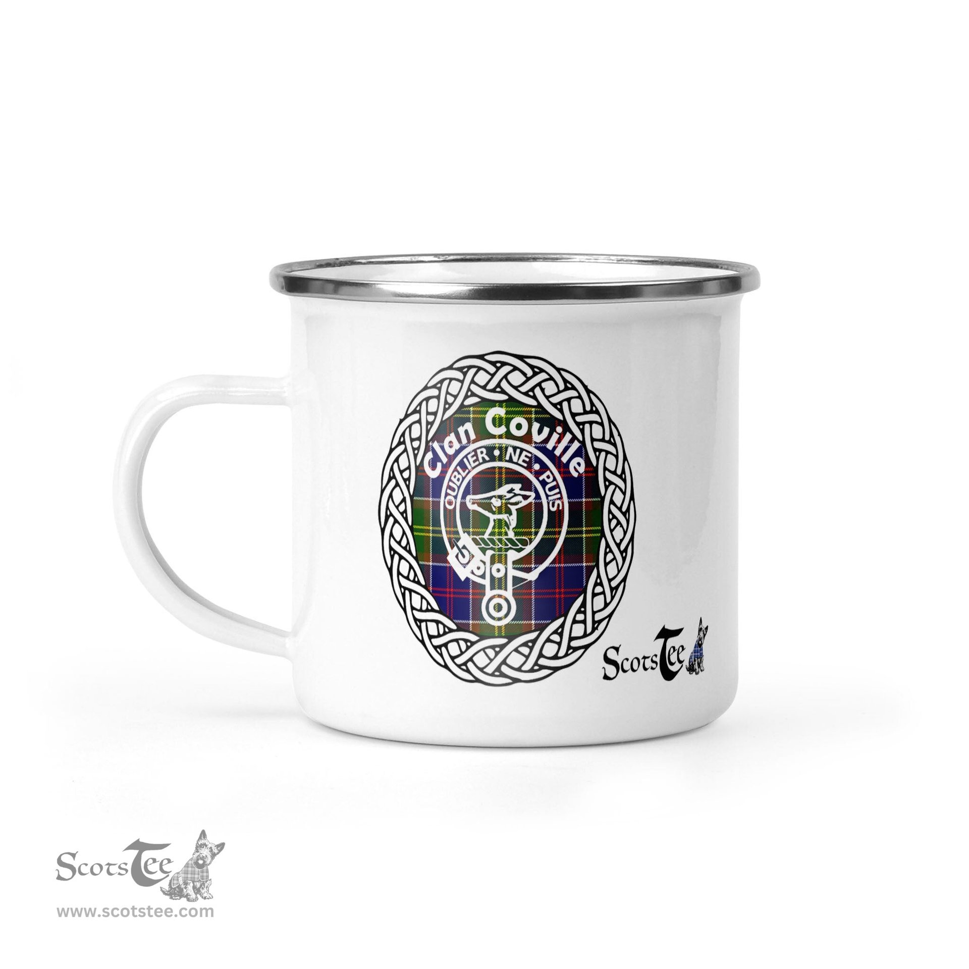 Scotstee Shop Tartan Plaid Camping Mug, Tartan Campfire Mugs, camping coffee mug Colville Ancient Clan Tartan Crest Badge