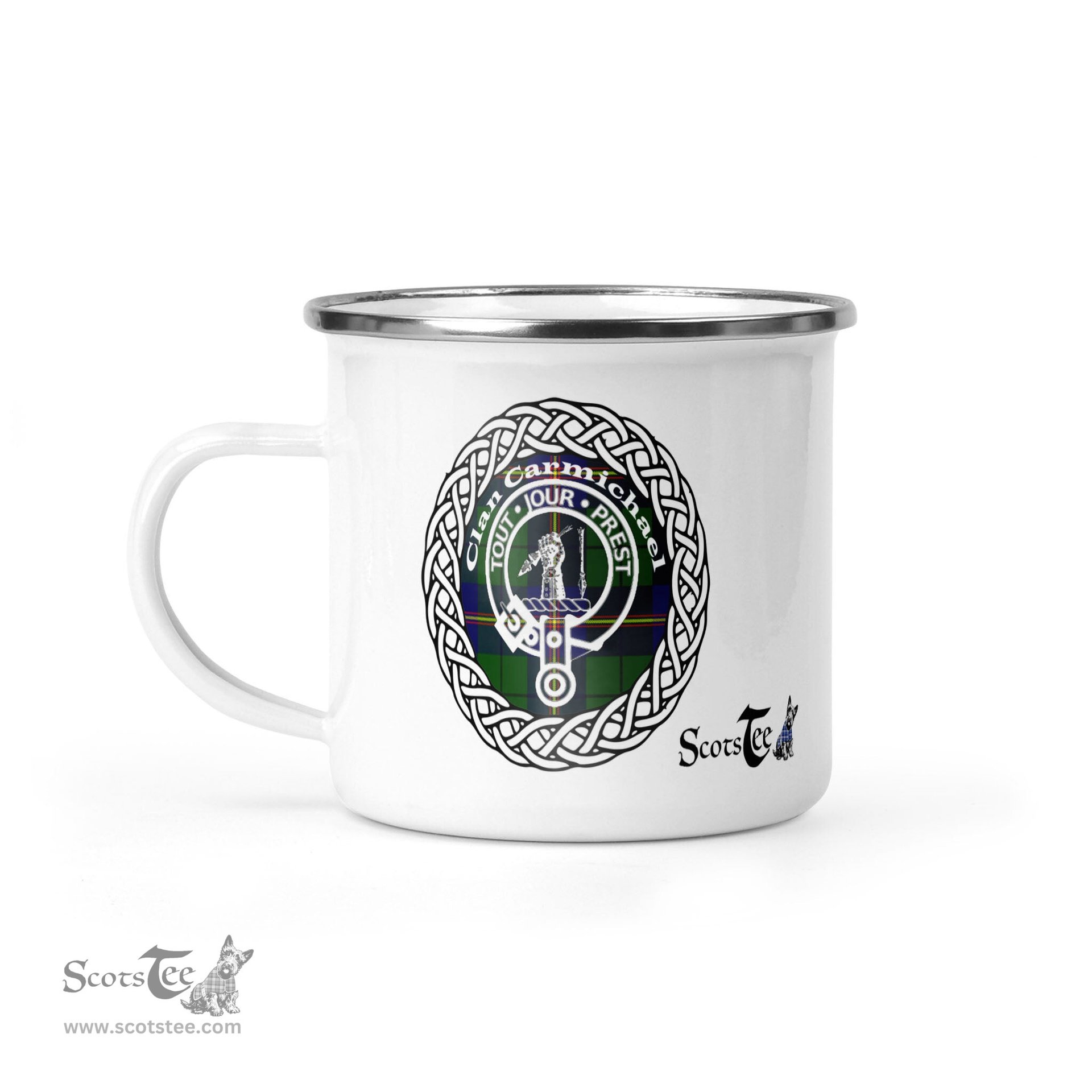 Scotstee Shop Tartan Plaid Camping Mug, Tartan Campfire Mugs, camping coffee mug Carmichael Modern Scottish Clan Tartan Crest Badge