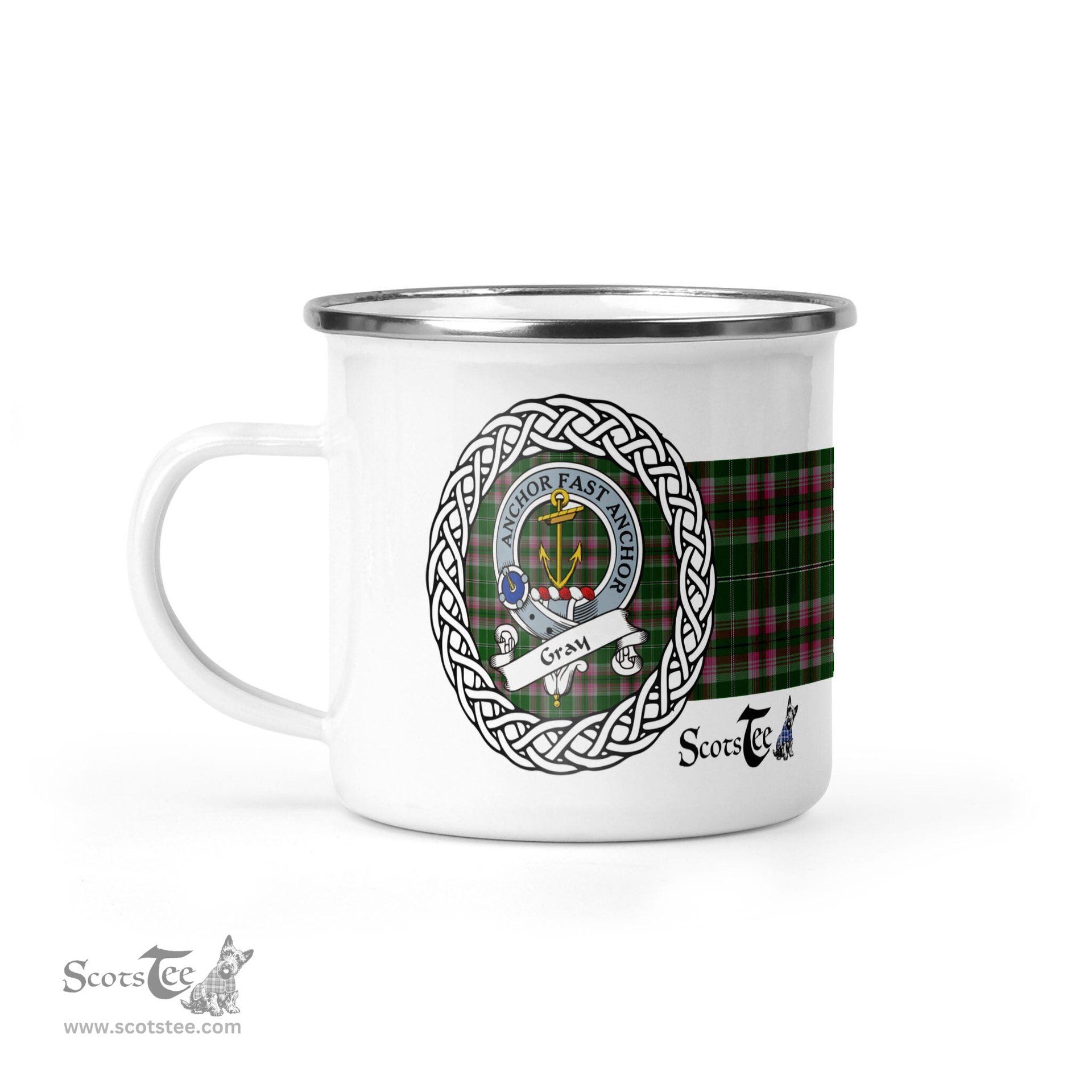Scotstee Shop Tartan Plaid Camping Mug, Tartan Campfire Mugs, camping coffee mug Gray Scottish Clan Tartan Crest Badge Coffee Mug Custom Scottish Mug