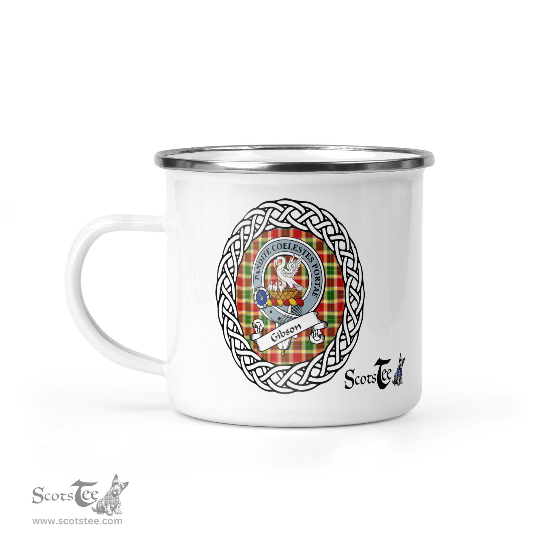 Scotstee Shop Tartan Plaid Camping Mug, Tartan Campfire Mugs, camping coffee mug Gibson Scottish Clan Tartan Crest Badge