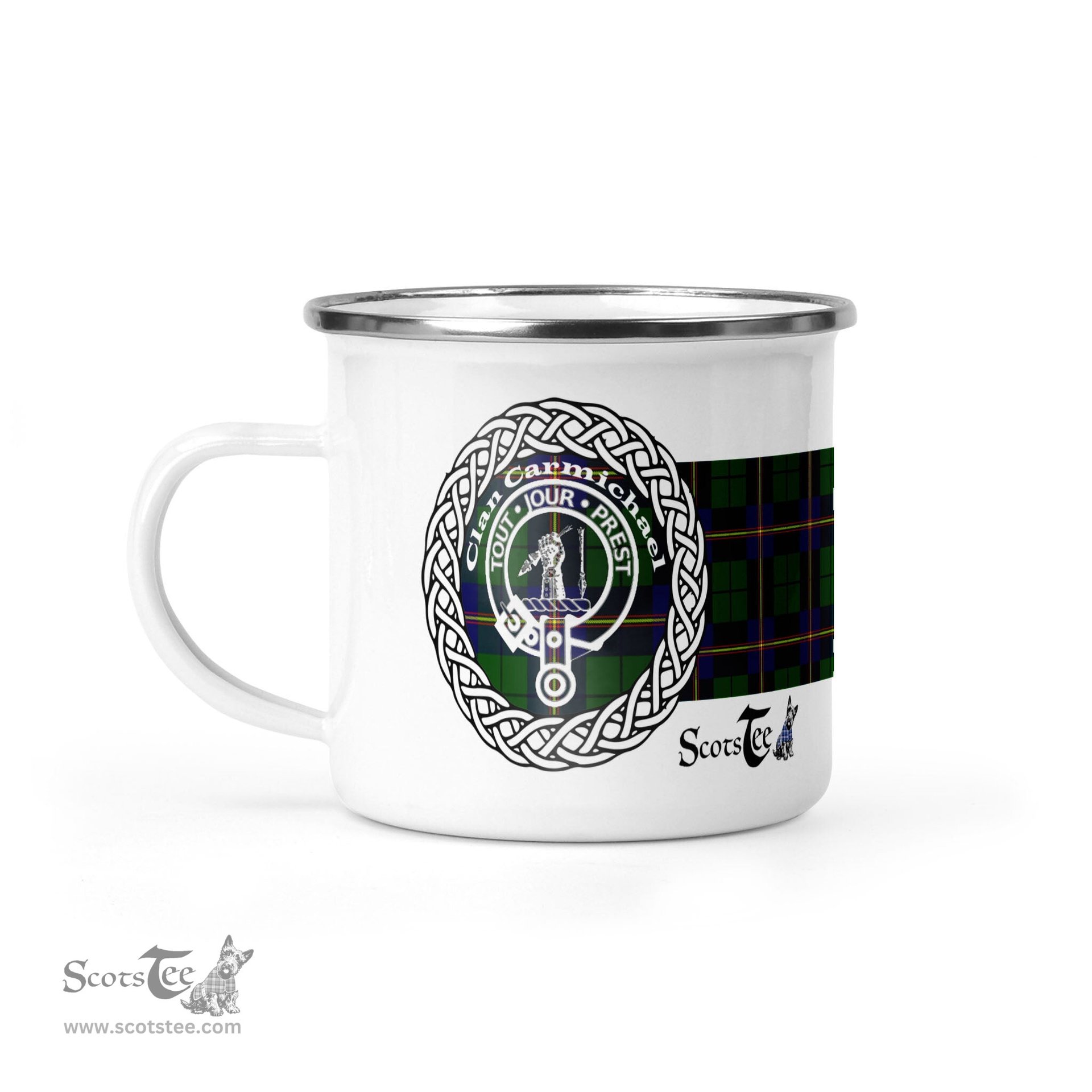 Scotstee Shop Tartan Plaid Camping Mug, Tartan Campfire Mugs, camping coffee mug Carmichael Modern Scottish Clan Tartan Crest Badge Coffee Mug Custom Scottish Mug