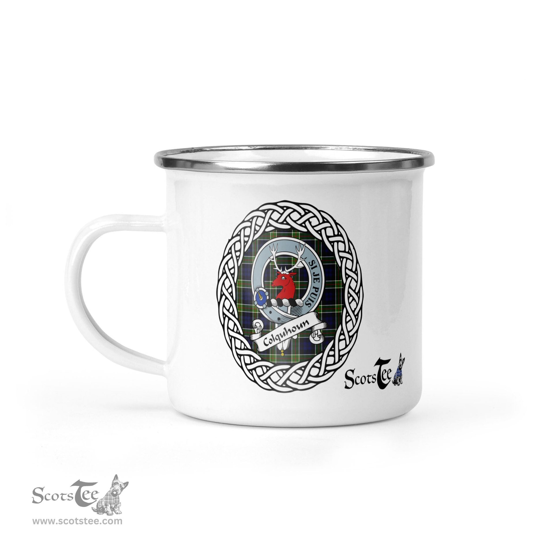 Scotstee Shop Tartan Plaid Camping Mug, Tartan Campfire Mugs, camping coffee mug Colquhoun Scottish Clan Tartan Crest Badge