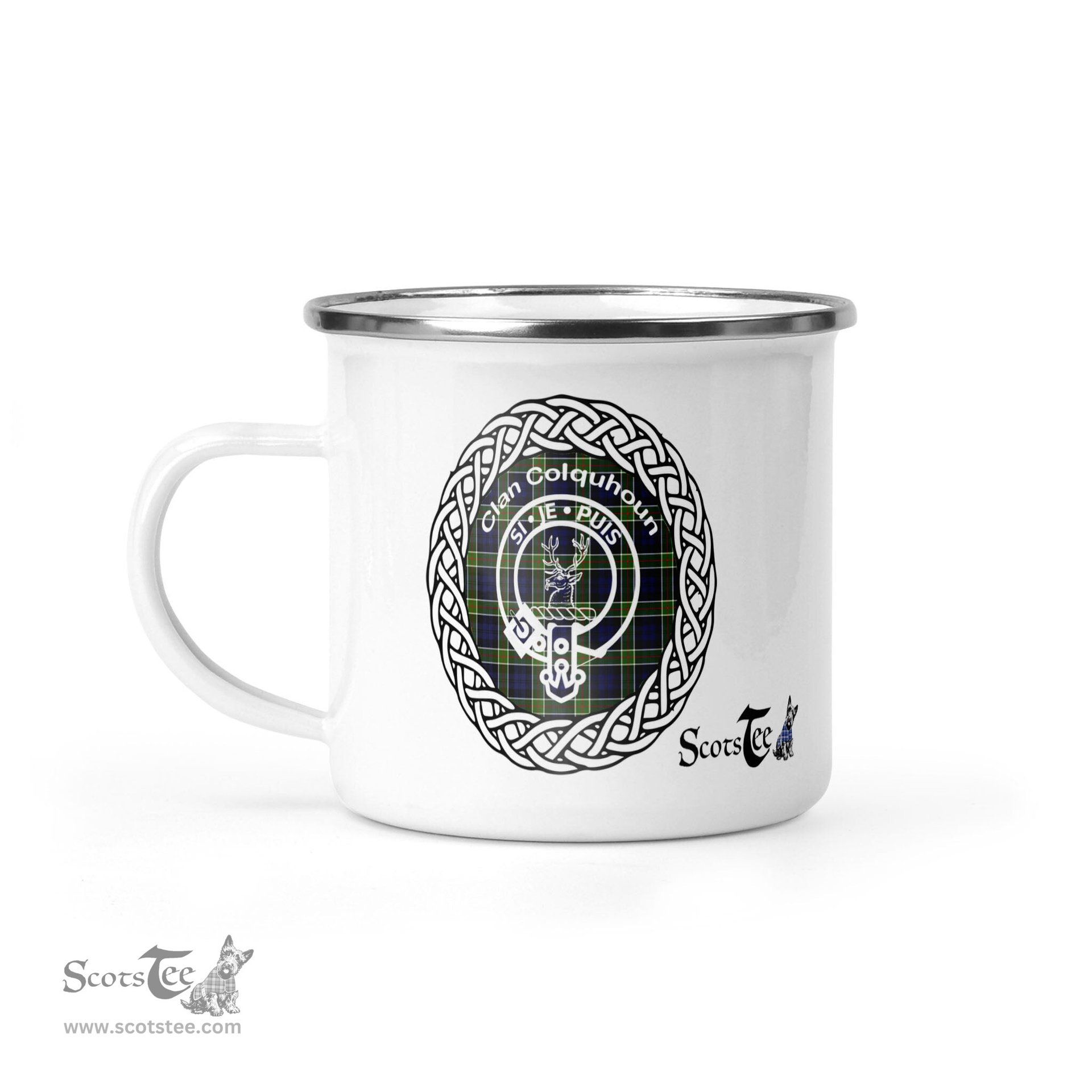 Scotstee Shop Tartan Plaid Camping Mug, Tartan Campfire Mugs, camping coffee mug Colquhoun Clan Tartan Crest Badge