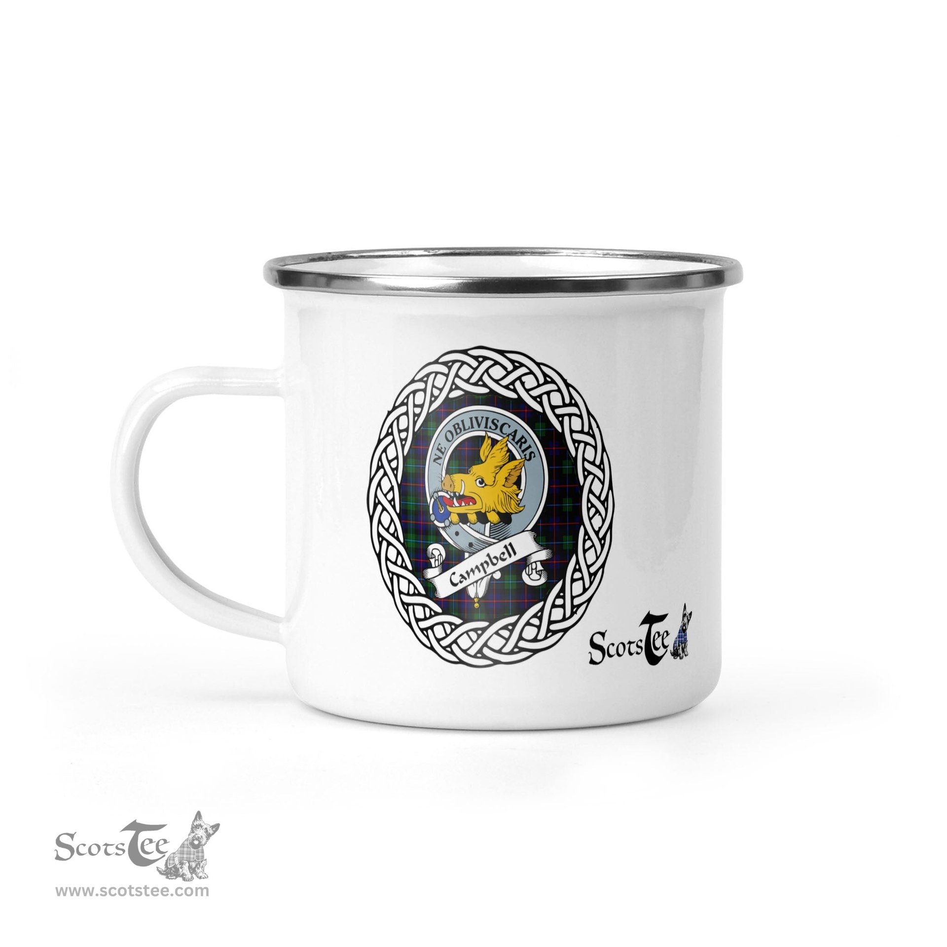 Scotstee Shop Tartan Plaid Camping Mug, Tartan Campfire Mugs, camping coffee mug Campbell Scottish Clan Tartan Crest Badge