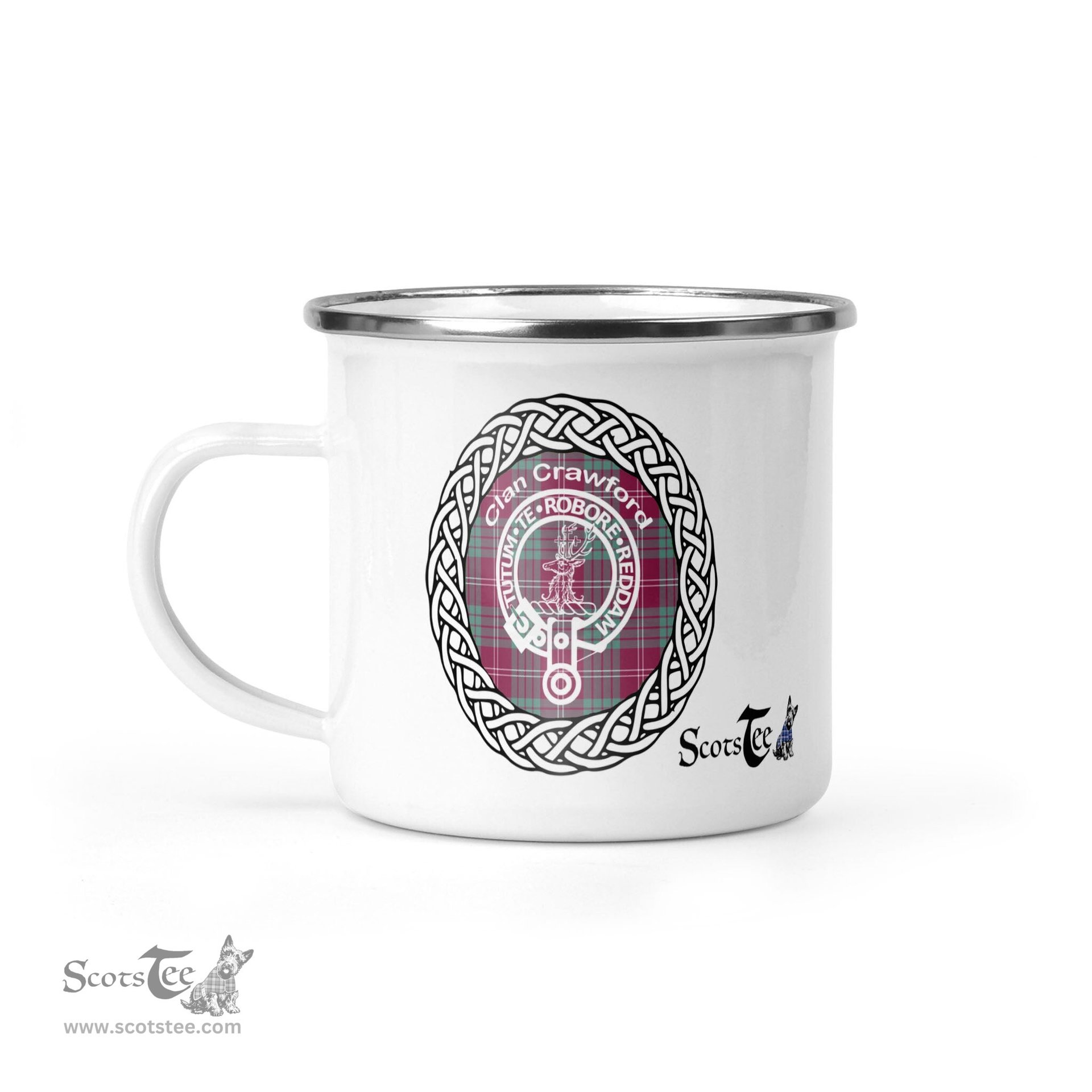 Scotstee Shop Tartan Plaid Camping Mug, Tartan Campfire Mugs, camping coffee mug Crawford Clan Tartan Crest Badge