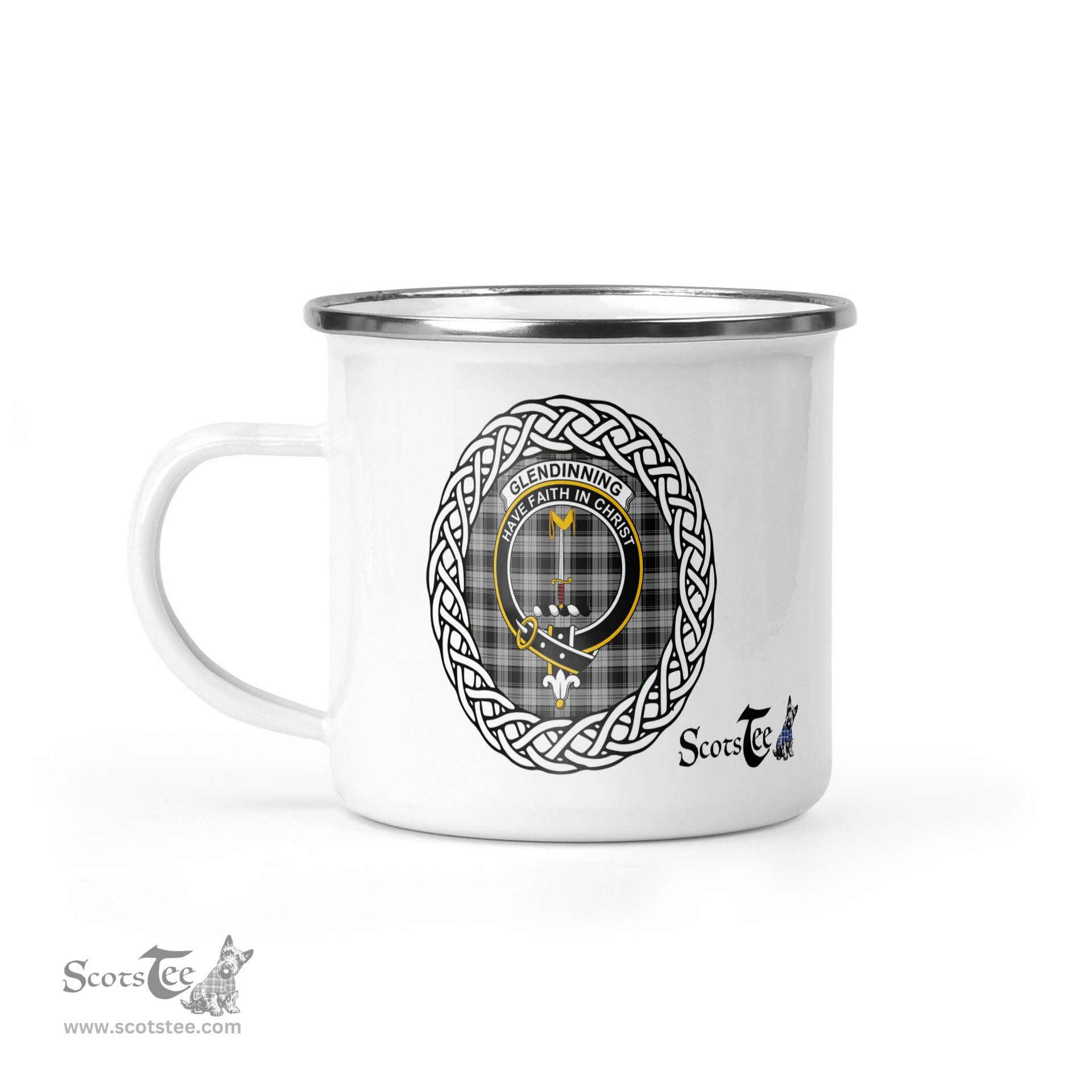 Scotstee Shop Tartan Plaid Camping Mug, Tartan Campfire Mugs, camping coffee mug Glendinning Scottish Clan Tartan Crest Badge