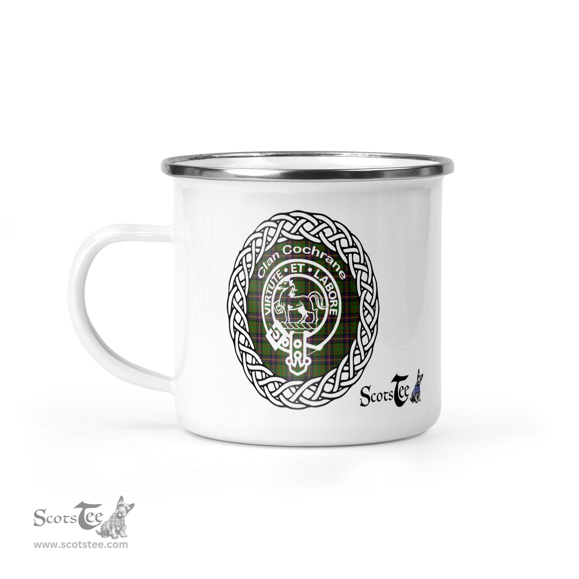 Scotstee Shop Tartan Plaid Camping Mug, Tartan Campfire Mugs, camping coffee mug Cochrane Clan Tartan Crest Badge