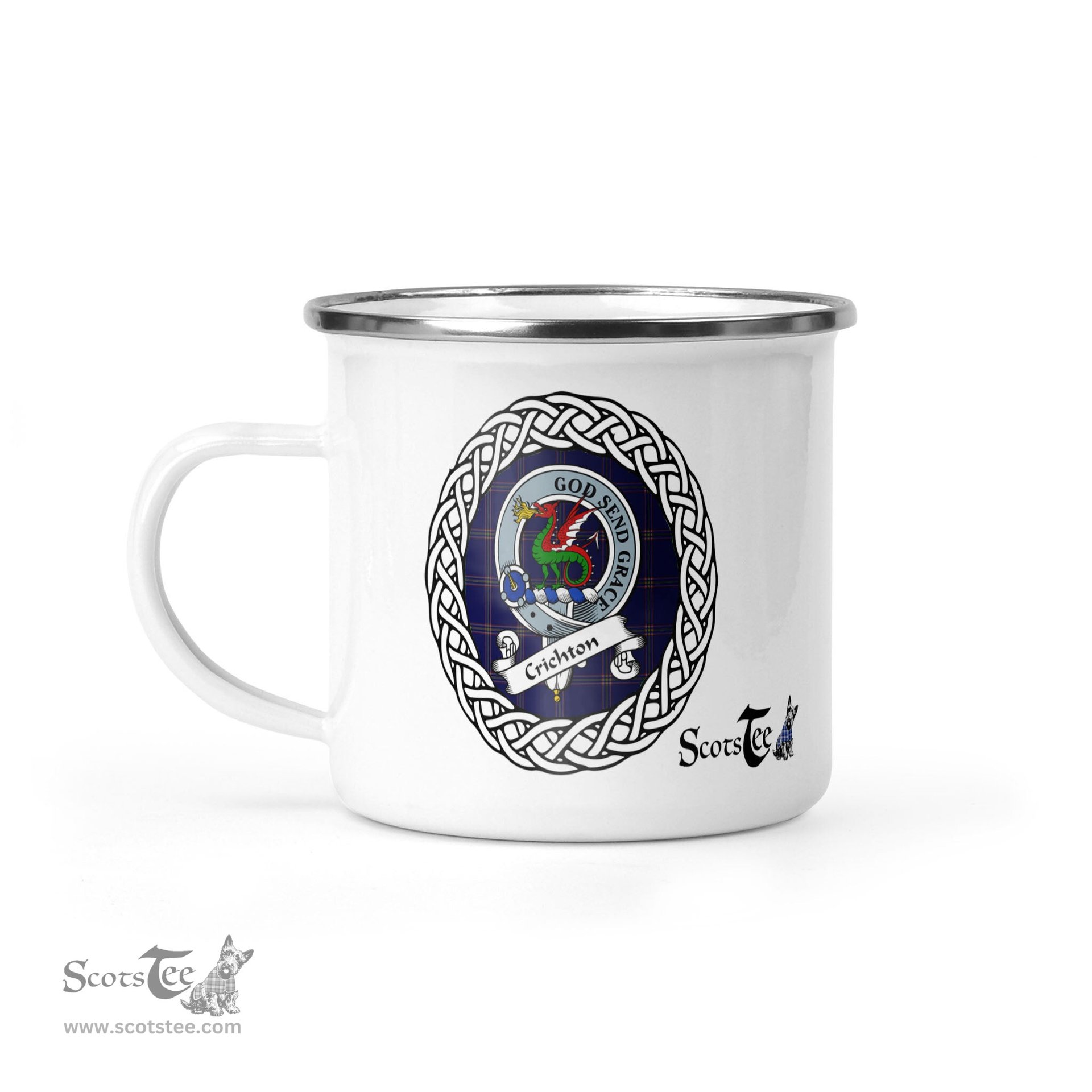 Scotstee Shop Tartan Plaid Camping Mug, Tartan Campfire Mugs, camping coffee mug Crichton Scottish Clan Tartan Crest Badge