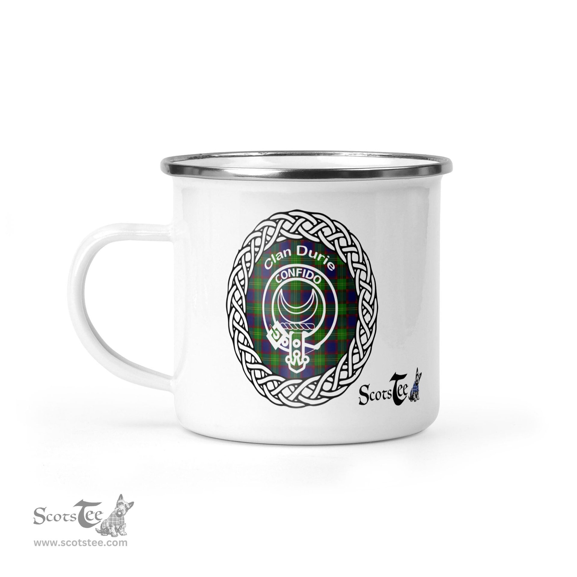 Scotstee Shop Tartan Plaid Camping Mug, Tartan Campfire Mugs, camping coffee mug Durie Clan Tartan Crest Badge