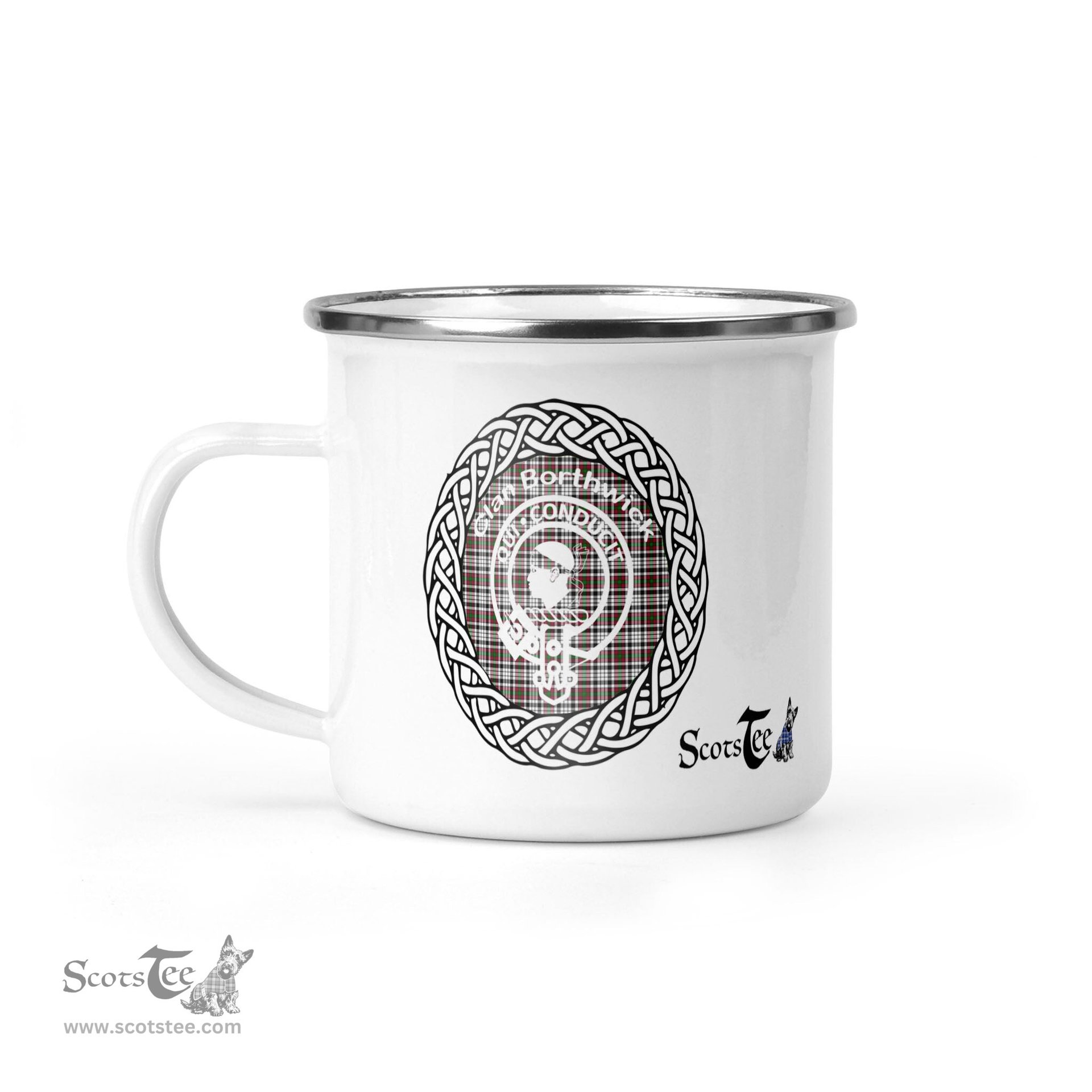 Scotstee Shop Tartan Plaid Camping Mug, Tartan Campfire Mugs, camping coffee mug Borthwick Clan Tartan Crest Badge