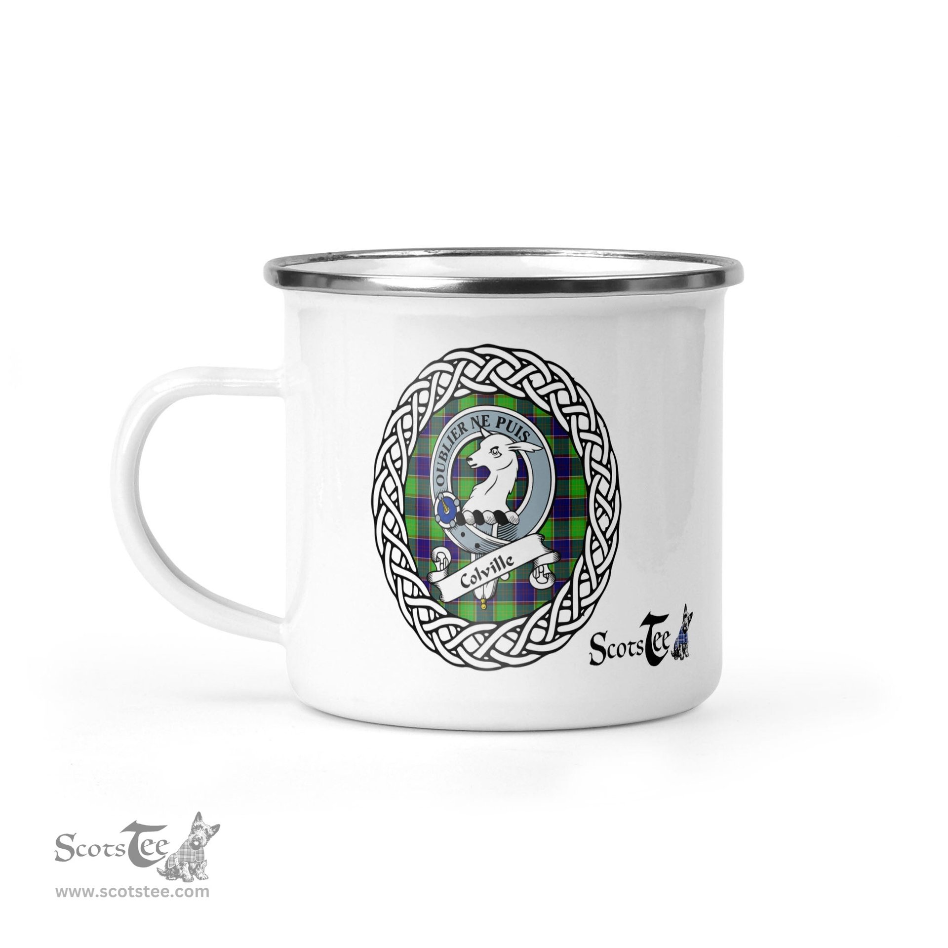Scotstee Shop Tartan Plaid Camping Mug, Tartan Campfire Mugs, camping coffee mug Colville Scottish Clan Tartan Crest Badge