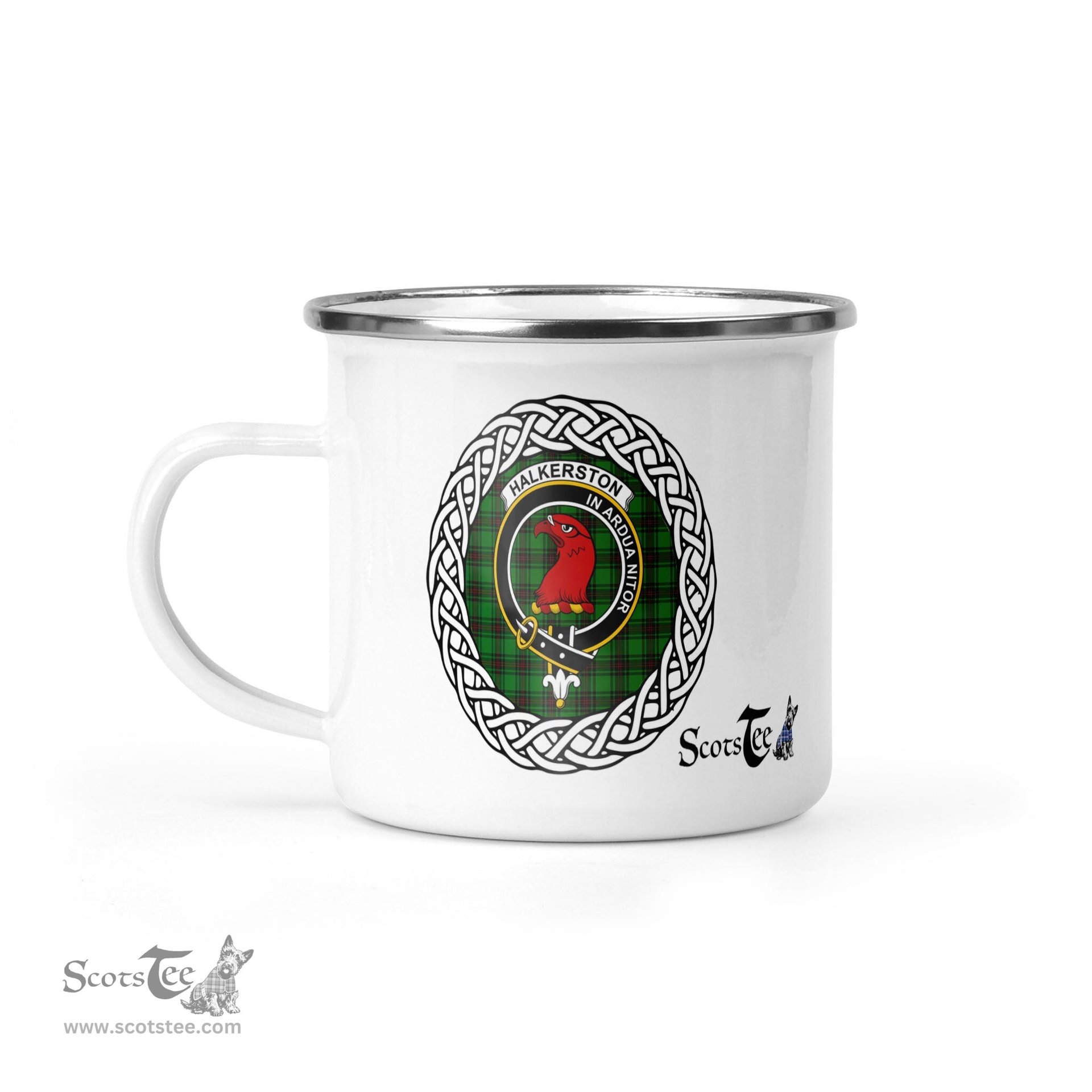 Scotstee Shop Tartan Plaid Camping Mug, Tartan Campfire Mugs, camping coffee mug Halkerston Scottish Clan Tartan Crest Badge