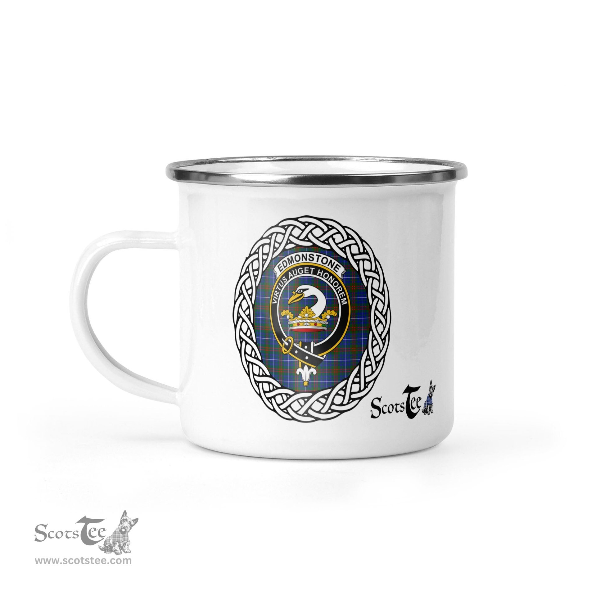 Scotstee Shop Tartan Plaid Camping Mug, Tartan Campfire Mugs, camping coffee mug Edmonstone Scottish Clan Tartan Crest Badge