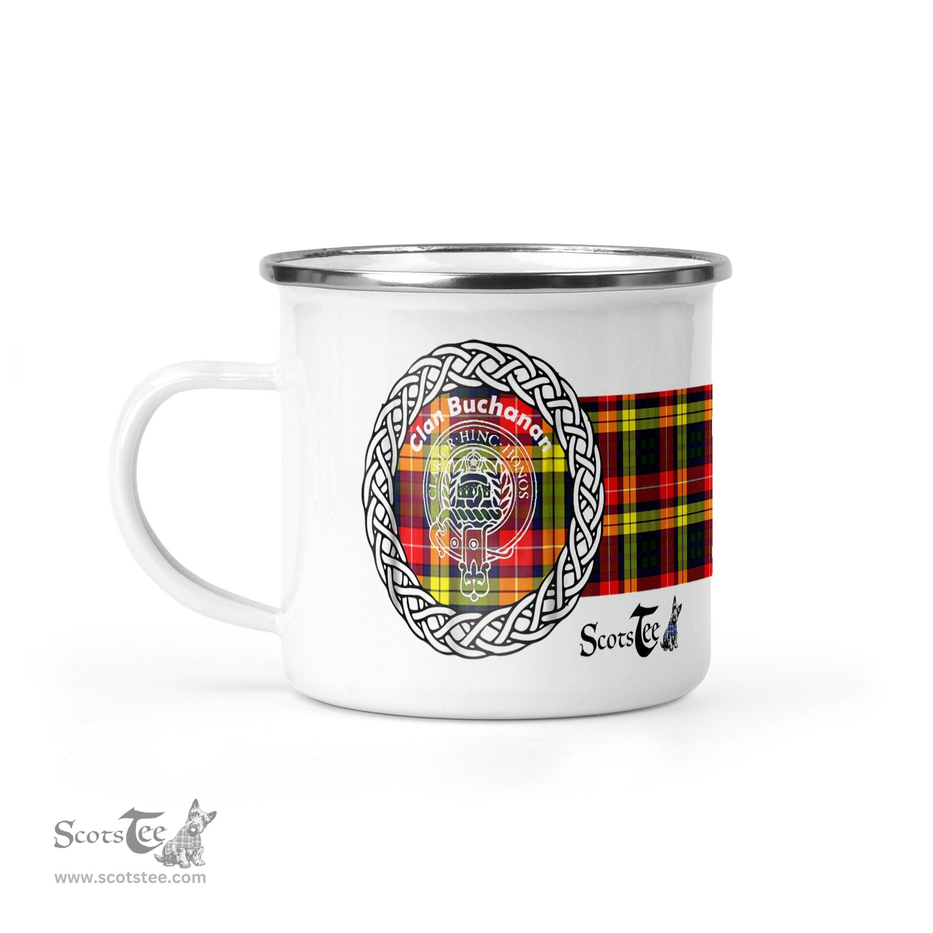 Scotstee Shop Tartan Plaid Camping Mug, Tartan Campfire Mugs, camping coffee mug Buchanan Clan Tartan Crest Badge Coffee Mug Custom Scottish Mug