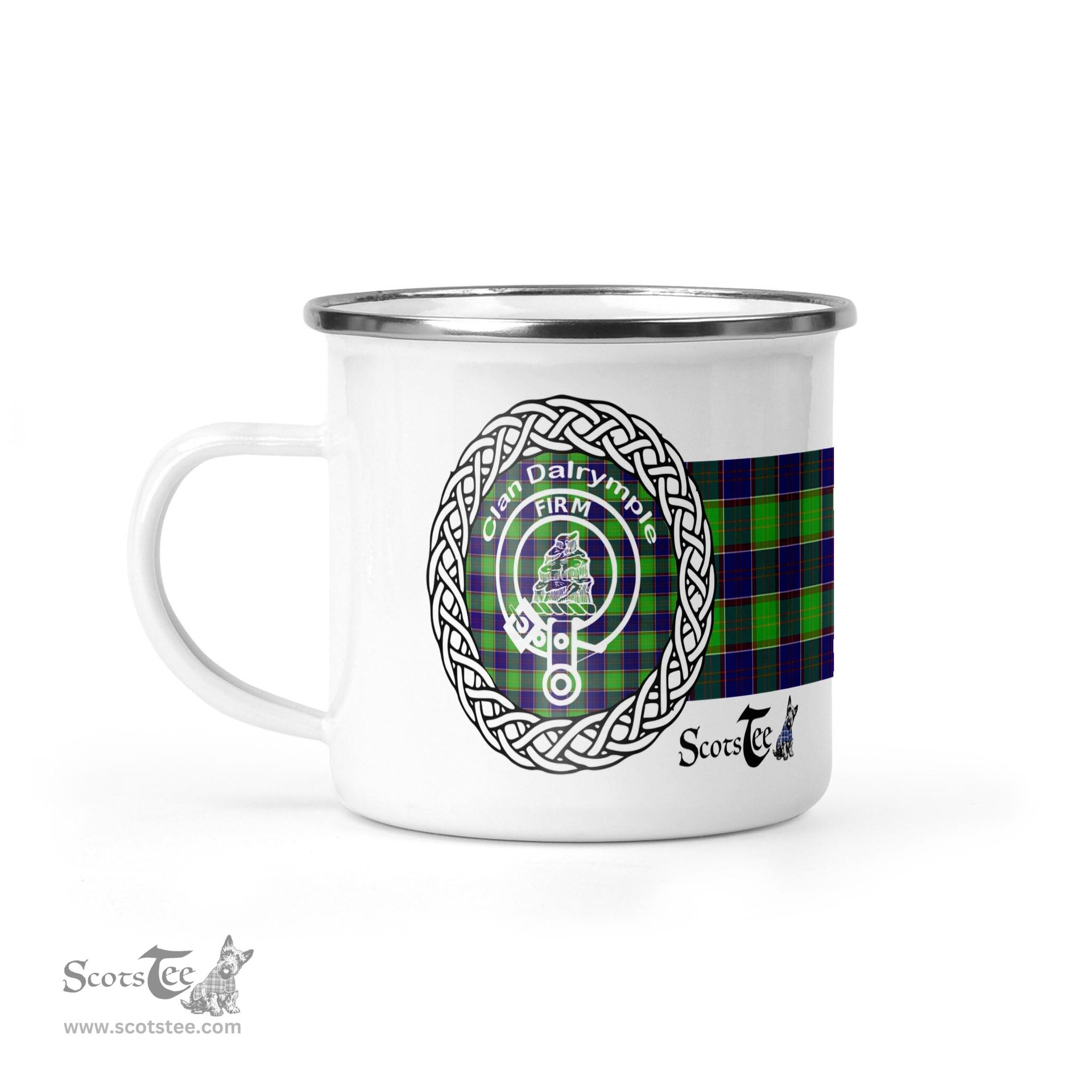 Scotstee Shop Tartan Plaid Camping Mug, Tartan Campfire Mugs, camping coffee mug Dalrymple Clan Tartan Crest Badge Coffee Mug Custom Scottish Mug