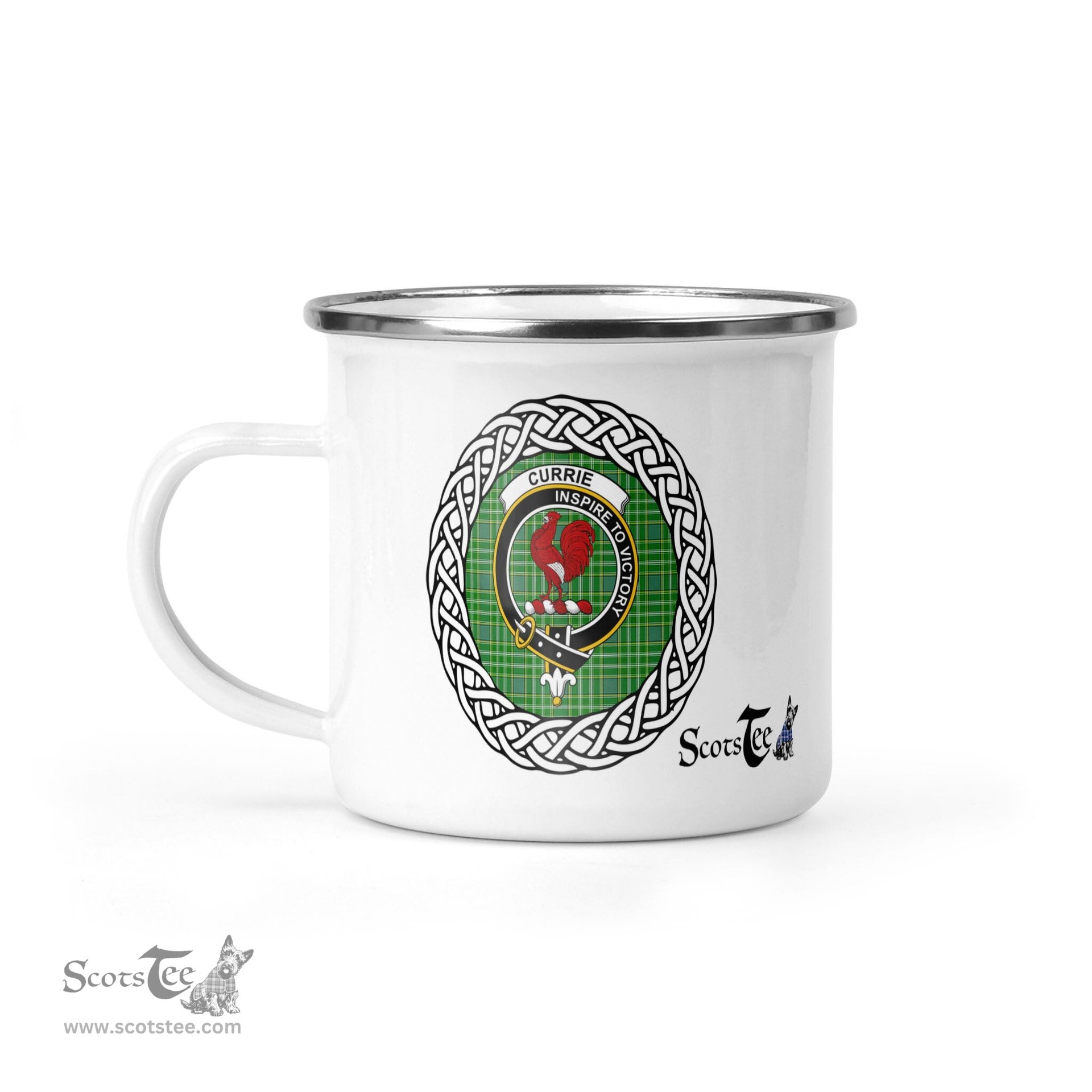 Scotstee Shop Tartan Plaid Camping Mug, Tartan Campfire Mugs, camping coffee mug Currie Scottish Clan Tartan Crest Badge
