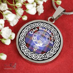Rutherford Tartan Crest Clan Scotland Tartan Plaid Circle Pendant Necklace Jewelry Gift For Women