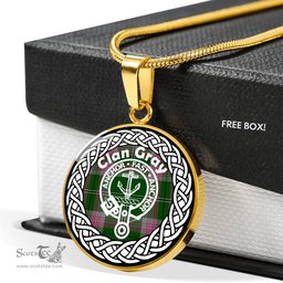 Gray Tartan Crest Clan Scotland Tartan Plaid Circle Pendant Necklace Jewelry Gift For Women