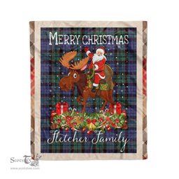 Personalized Gift Plaid Tartan Blanket Clan Fletcher Modern With Moose Lover Xmas Gift Santa Riding Christmas Fleece Blanket