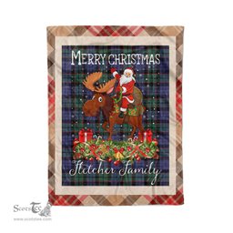 Personalized Gift Plaid Tartan Blanket Clan Fletcher Modern With Moose Lover Xmas Gift Santa Riding Christmas Fleece Blanket