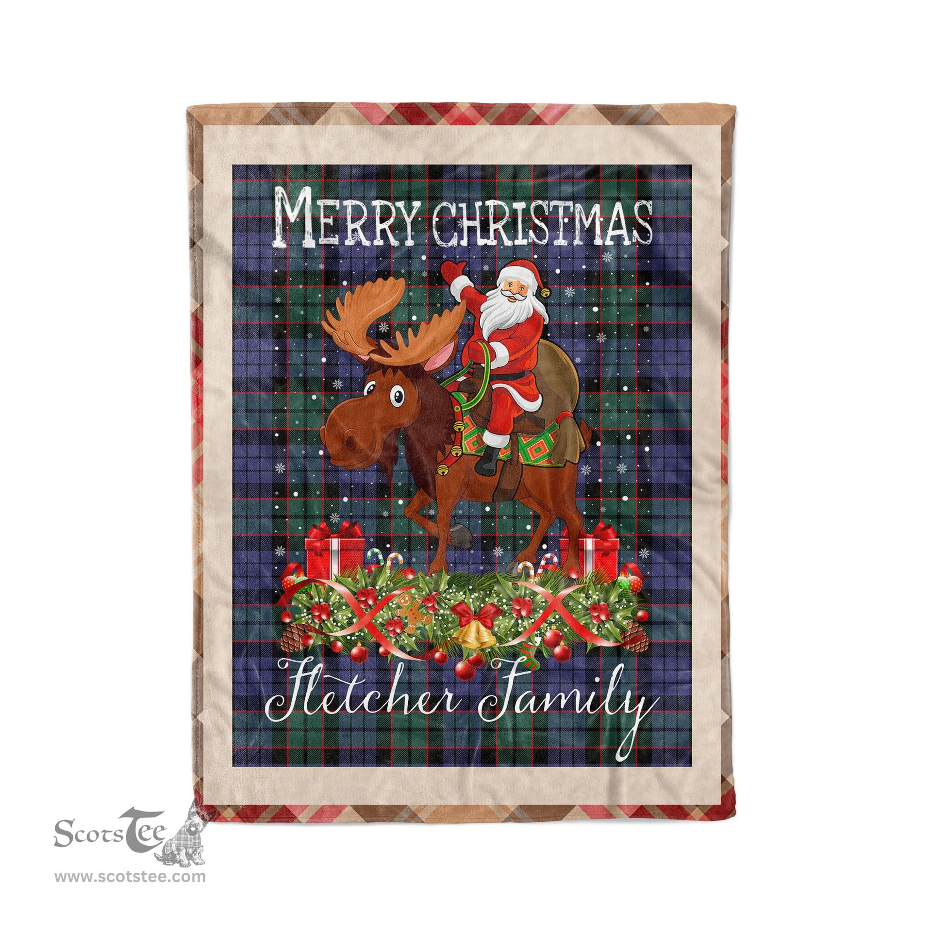 Personalized Gift Plaid Tartan Blanket Clan Fletcher Modern With Moose Lover Xmas Gift Santa Riding Christmas Fleece Blanket