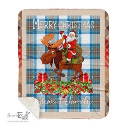 Personalized Gift Plaid Tartan Blanket Clan Stewart Muted Blue With Moose Lover Xmas Gift Santa Riding Buffalo Plaid Christmas Sherpa Blanket
