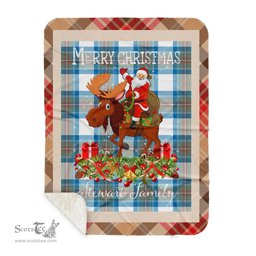 Personalized Gift Plaid Tartan Blanket Clan Stewart Muted Blue With Moose Lover Xmas Gift Santa Riding Buffalo Plaid Christmas Sherpa Blanket