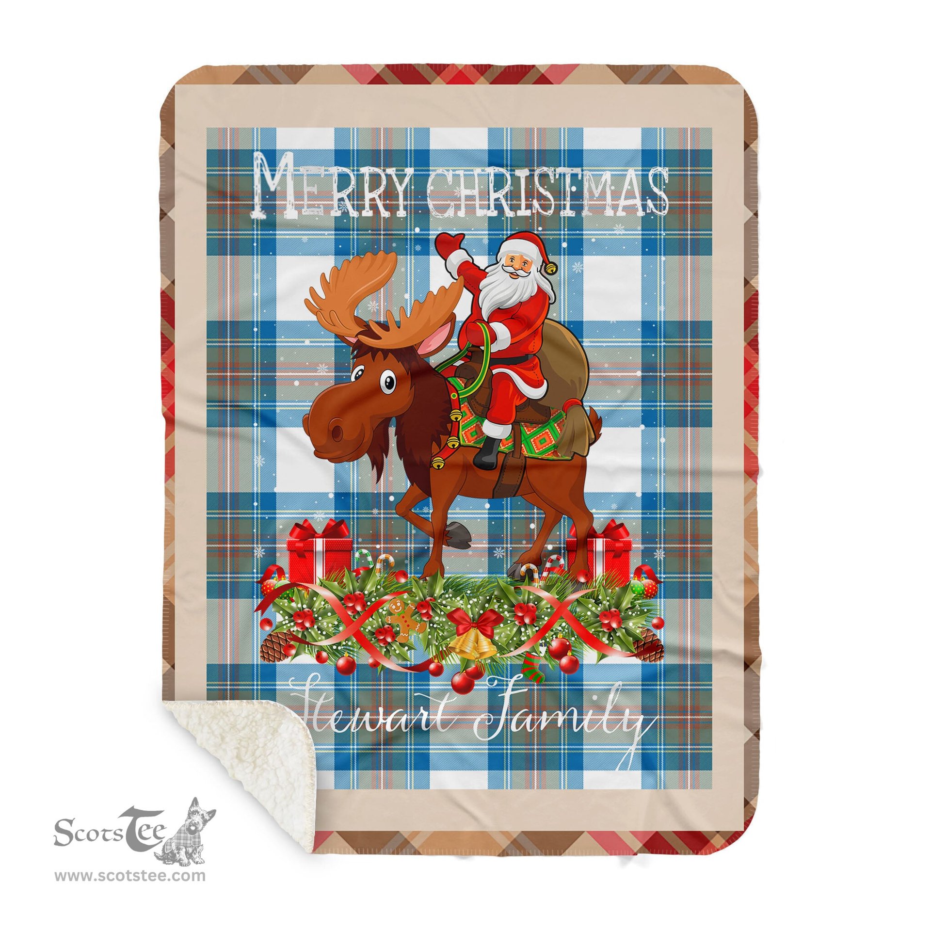 Personalized Gift Plaid Tartan Blanket Clan Stewart Muted Blue With Moose Lover Xmas Gift Santa Riding Buffalo Plaid Christmas Sherpa Blanket