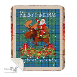 Personalized Gift Plaid Tartan Blanket Clan Lockhart With Moose Lover Xmas Gift Santa Riding Buffalo Plaid Christmas Sherpa Blanket