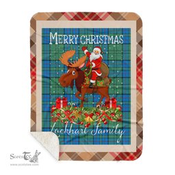 Personalized Gift Plaid Tartan Blanket Clan Lockhart With Moose Lover Xmas Gift Santa Riding Buffalo Plaid Christmas Sherpa Blanket