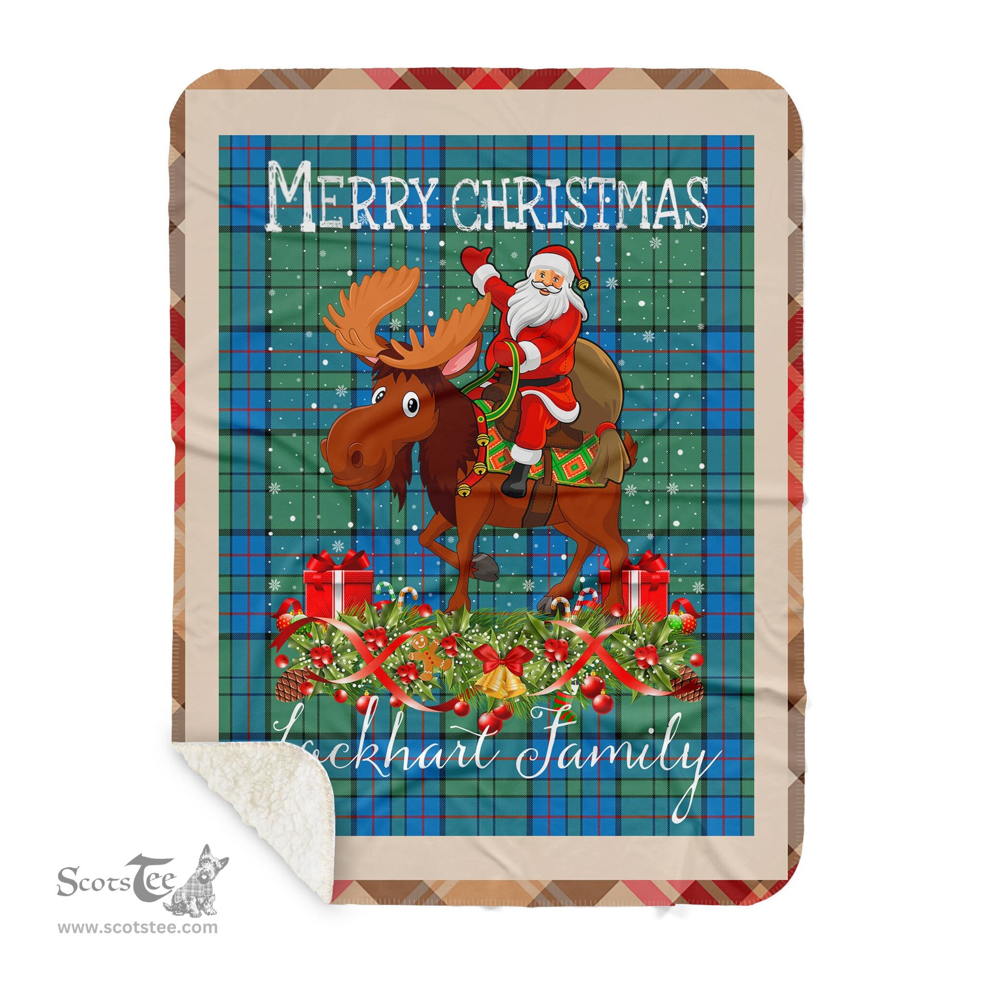 Personalized Gift Plaid Tartan Blanket Clan Lockhart With Moose Lover Xmas Gift Santa Riding Buffalo Plaid Christmas Sherpa Blanket