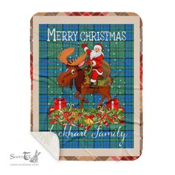 Personalized Gift Plaid Tartan Blanket Clan Lockhart With Moose Lover Xmas Gift Santa Riding Buffalo Plaid Christmas Sherpa Blanket