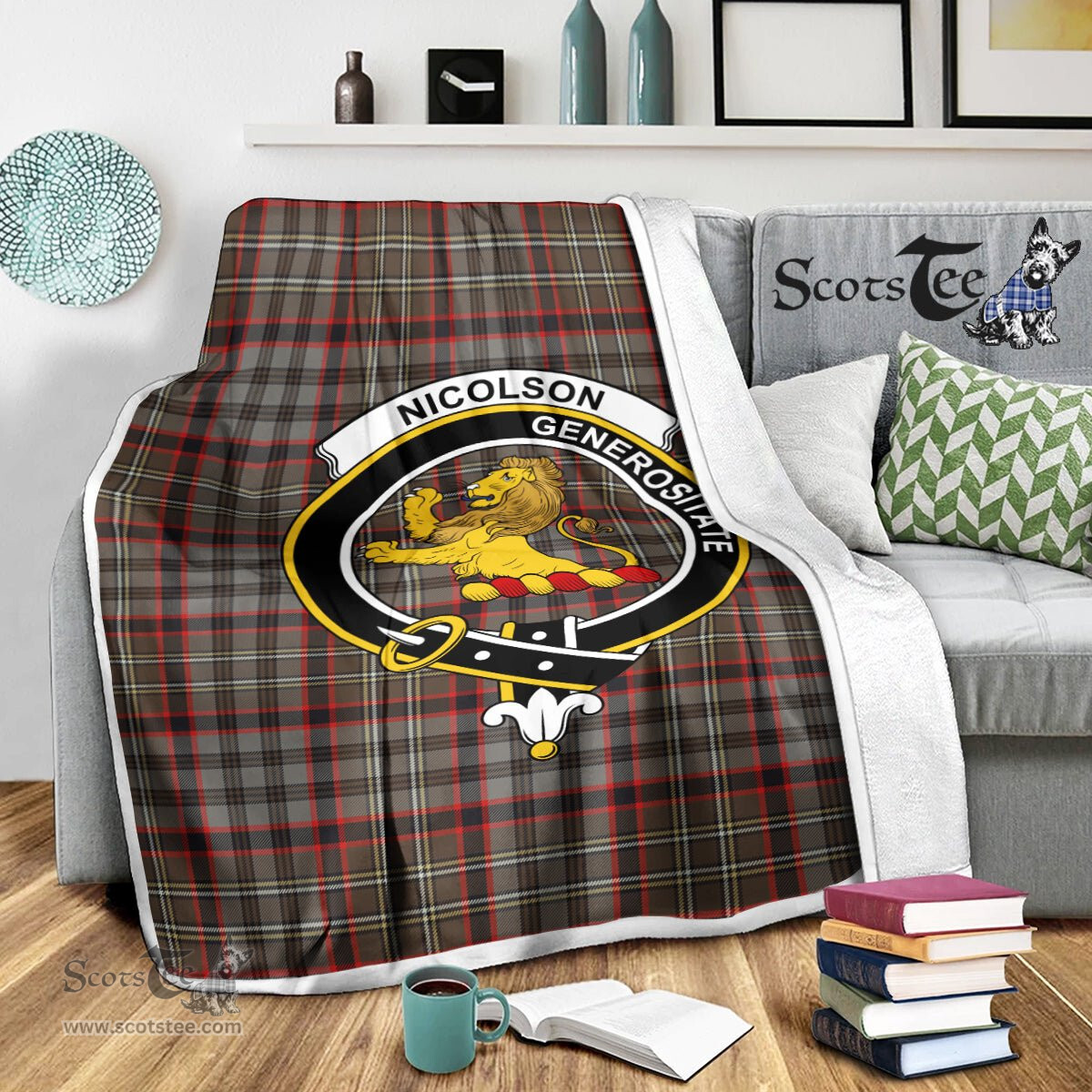 Scotstee Shop Tartan Plaid Blanket Nicolson Hunting Weathered Clan Crest Badge Scottish Tartan Plaid Sherpa Blanket