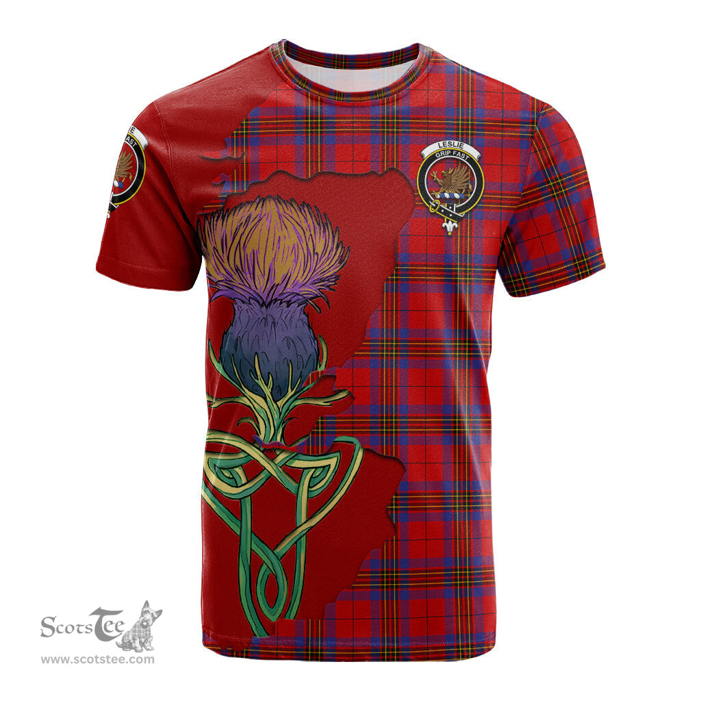Scottish Leslie Modern Clan Tartan with Thistle and Scotland Map Tartan Plaid T Shirt Scottish Plaid Tartan Plaid - ScotsTee - scotstee.com