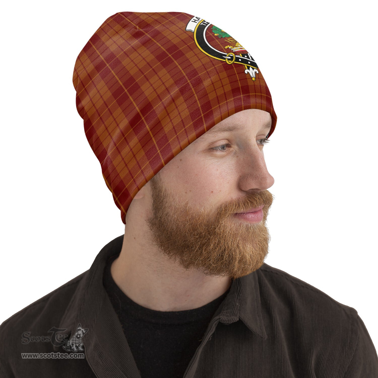 Scottish Hamilton Red Tartan Beanies Hat with Family Crest - Tartan Plaid Beanies Scottish Plaid Tartan Plaid - ScotsTee - scotstee.com