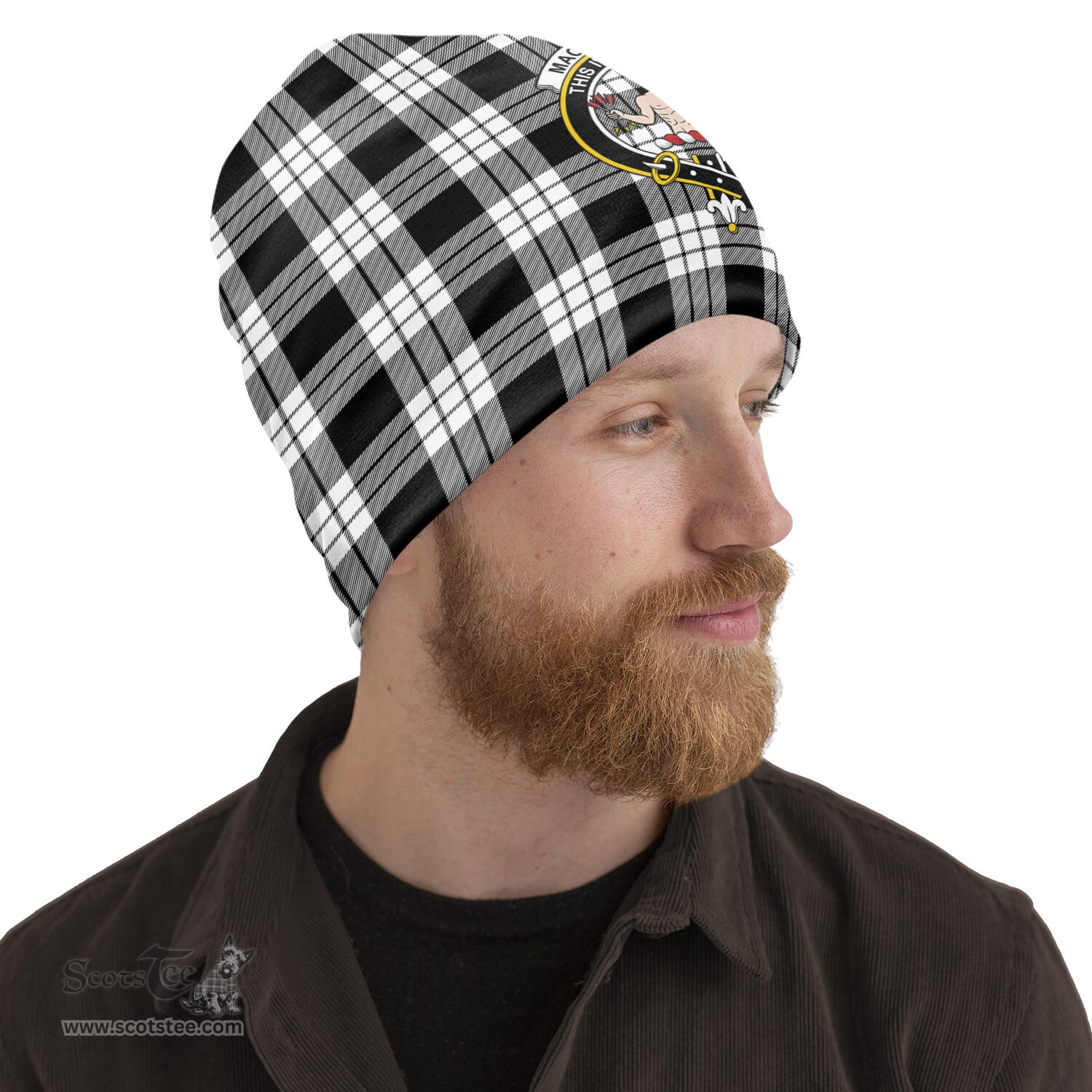 Scottish MacFarlane Black White Tartan Beanies Hat with Family Crest - Tartan Plaid Beanies Scottish Plaid Tartan Plaid - ScotsTee - scotstee.com