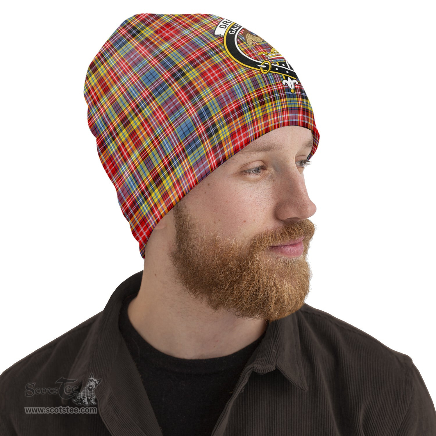 Scottish Drummond of Strathallan Modern Tartan Beanies Hat with Family Crest - Tartan Plaid Beanies Scottish Plaid Tartan Plaid - ScotsTee - scotstee.com