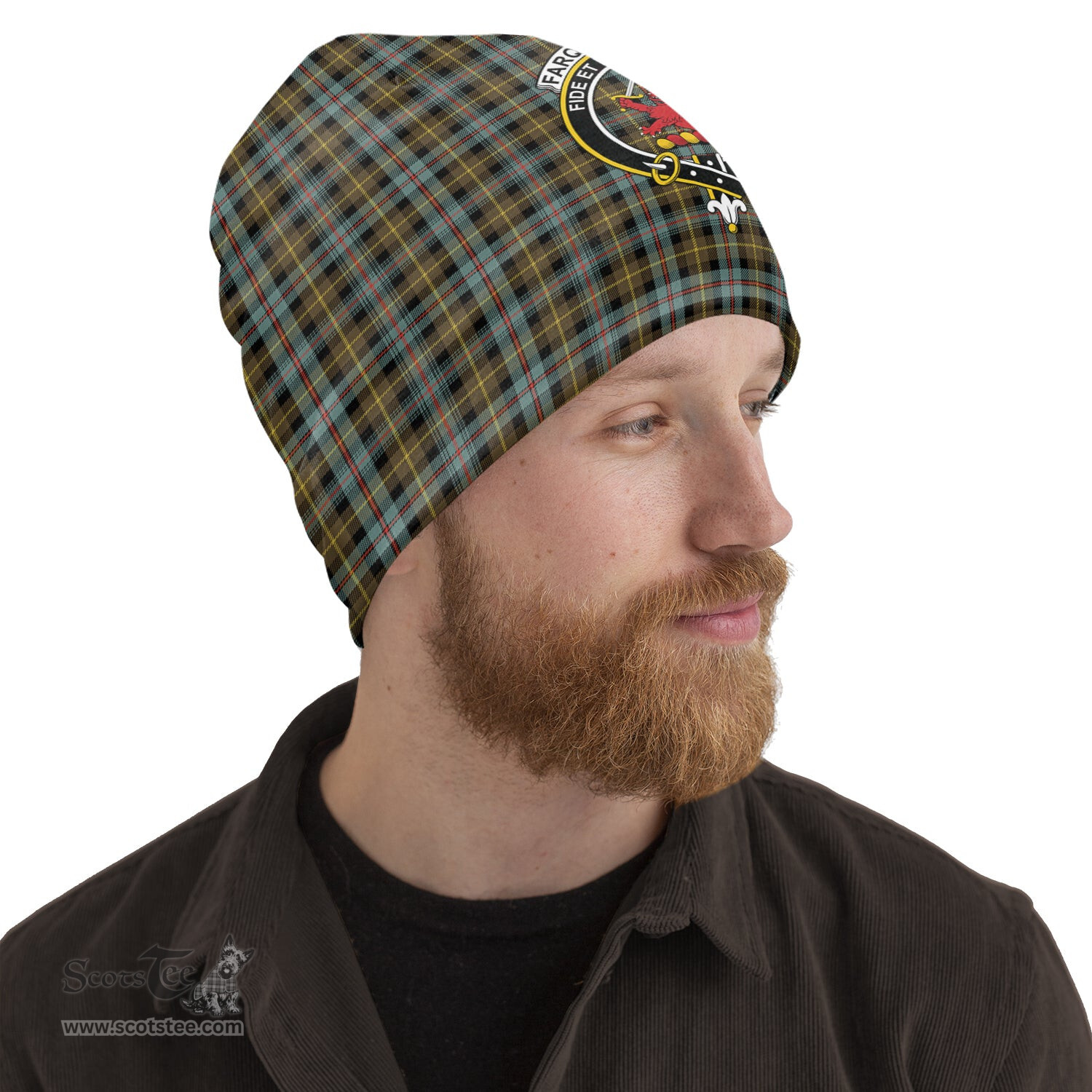 Scottish Farquharson Weathered Tartan Beanies Hat with Family Crest - Tartan Plaid Beanies Scottish Plaid Tartan Plaid - ScotsTee - scotstee.com