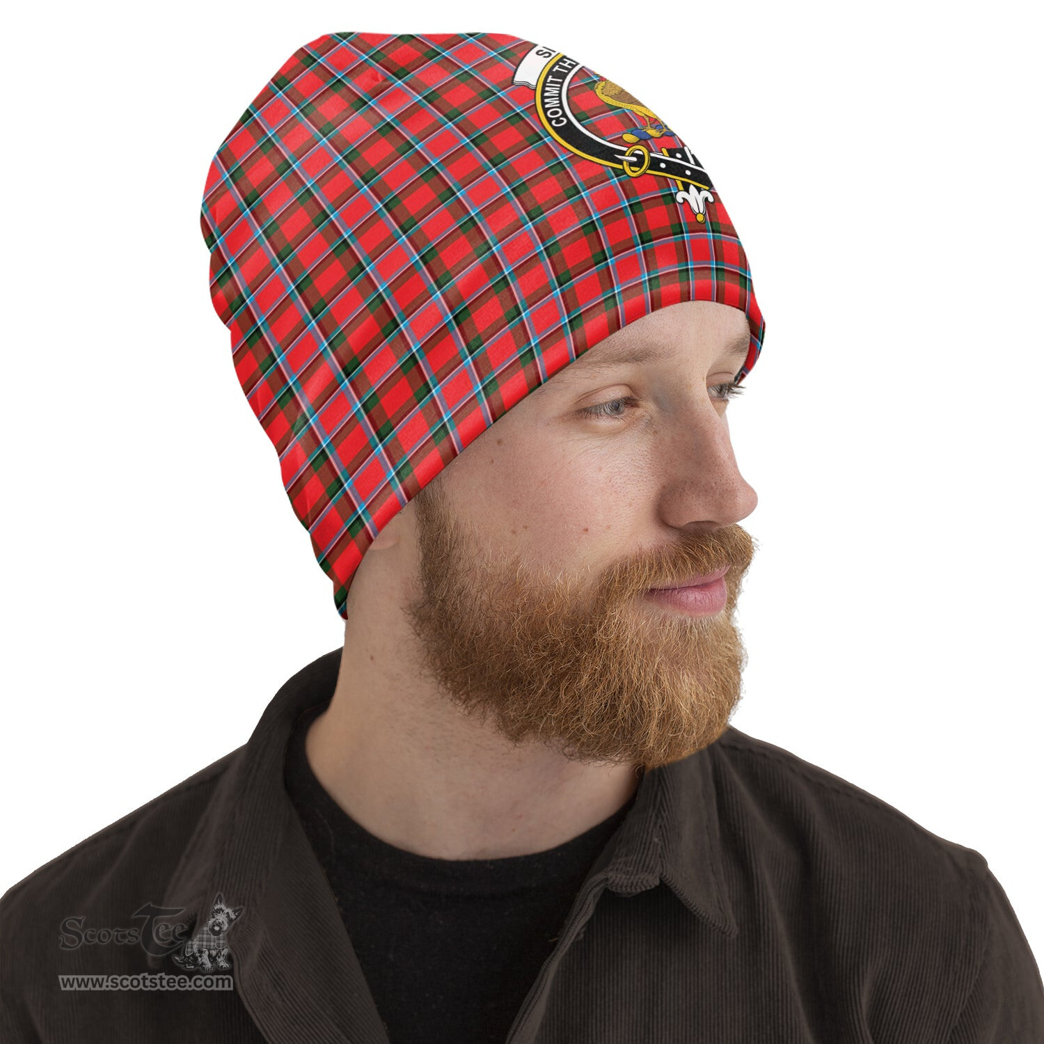 Scottish Sinclair Modern Tartan Beanies Hat with Family Crest - Tartan Plaid Beanies Scottish Plaid Tartan Plaid - ScotsTee - scotstee.com