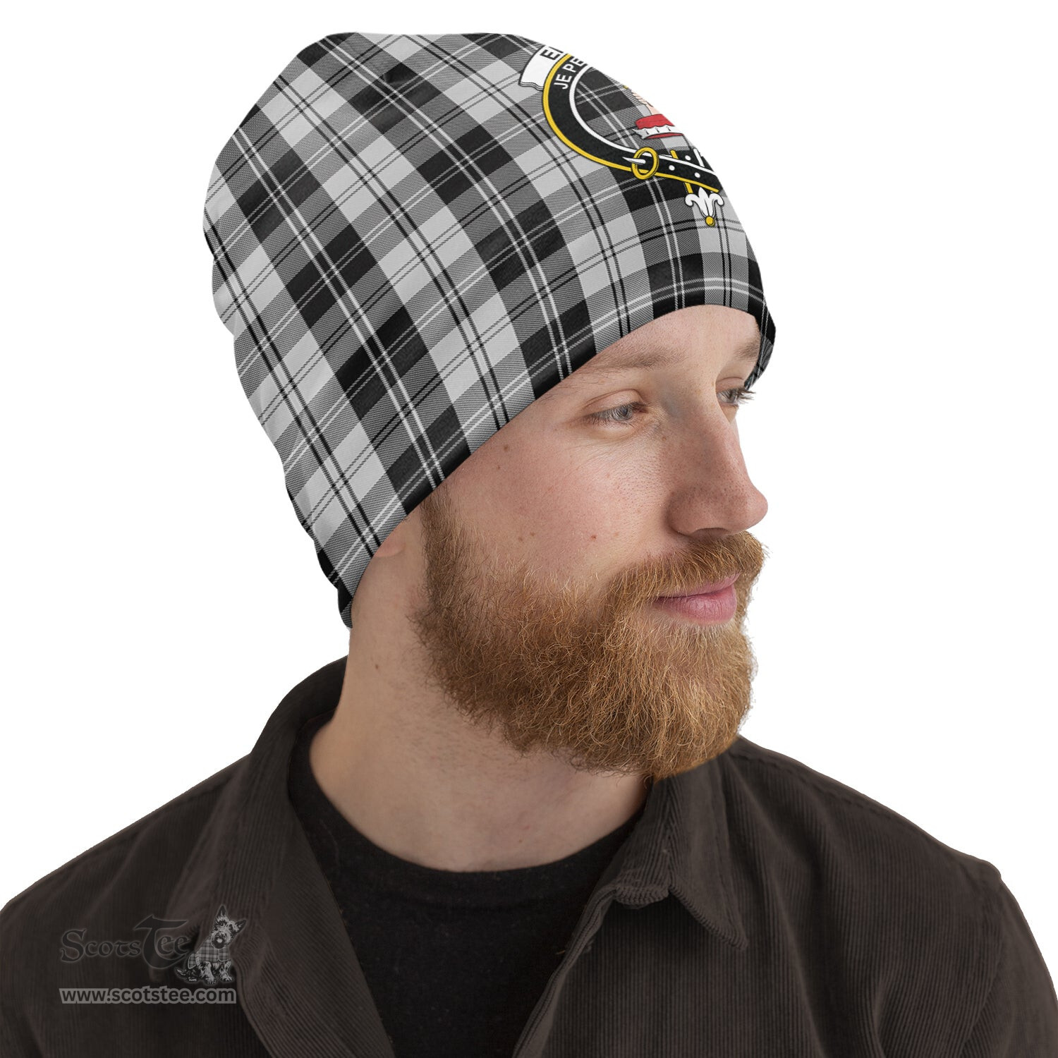 Scottish Erskine Black and White Tartan Beanies Hat with Family Crest - Tartan Plaid Beanies Scottish Plaid Tartan Plaid - ScotsTee - scotstee.com